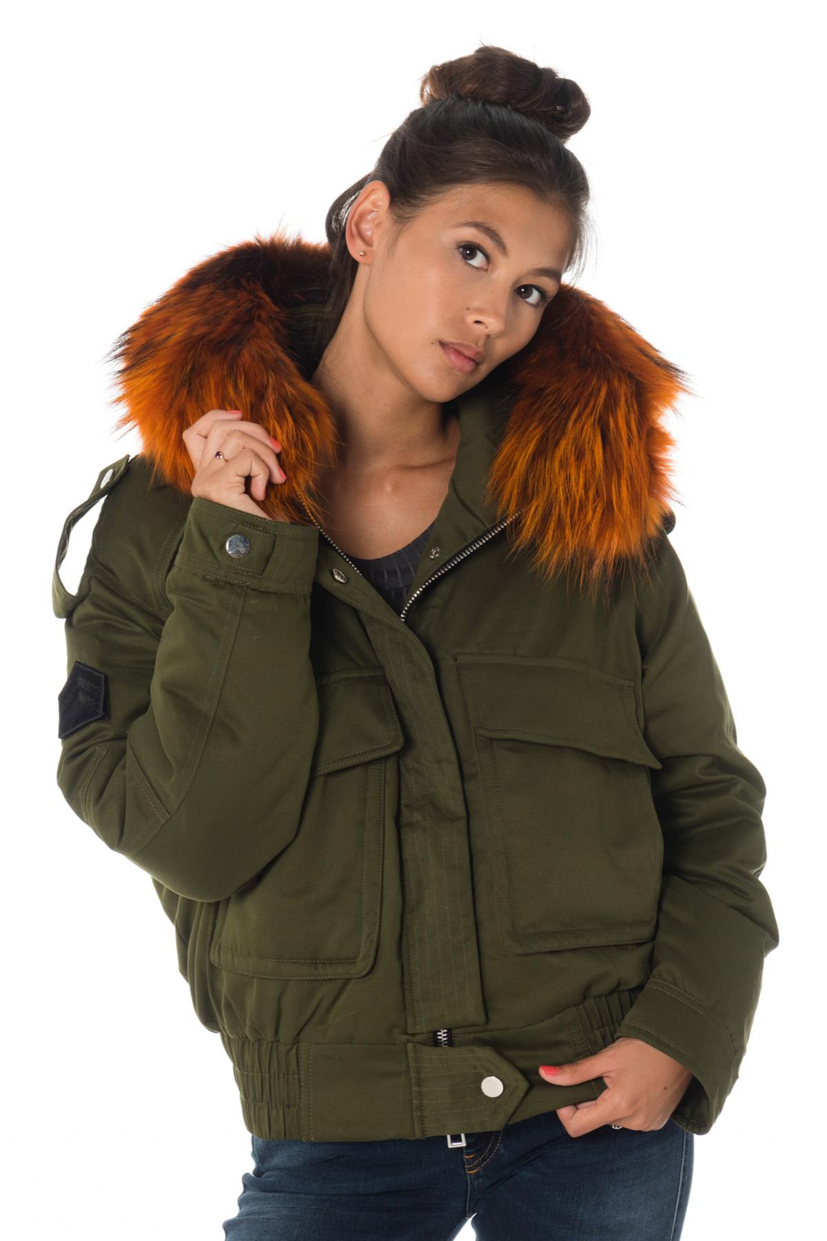 Women's khaki jacket with hood and orange raccoon fur - Image n°3