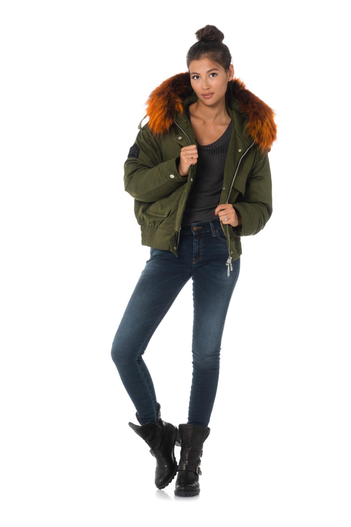 Women's khaki jacket with hood and orange raccoon fur - Image n°2