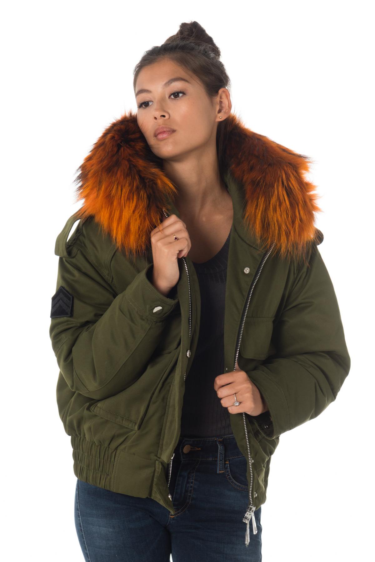 Women's khaki jacket with hood and orange raccoon fur - Image n°1