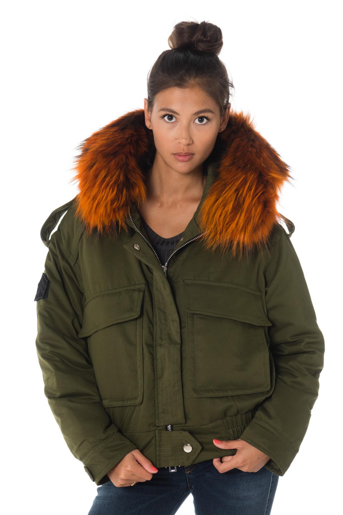 Women's khaki jacket with hood and orange raccoon fur - Image n°5