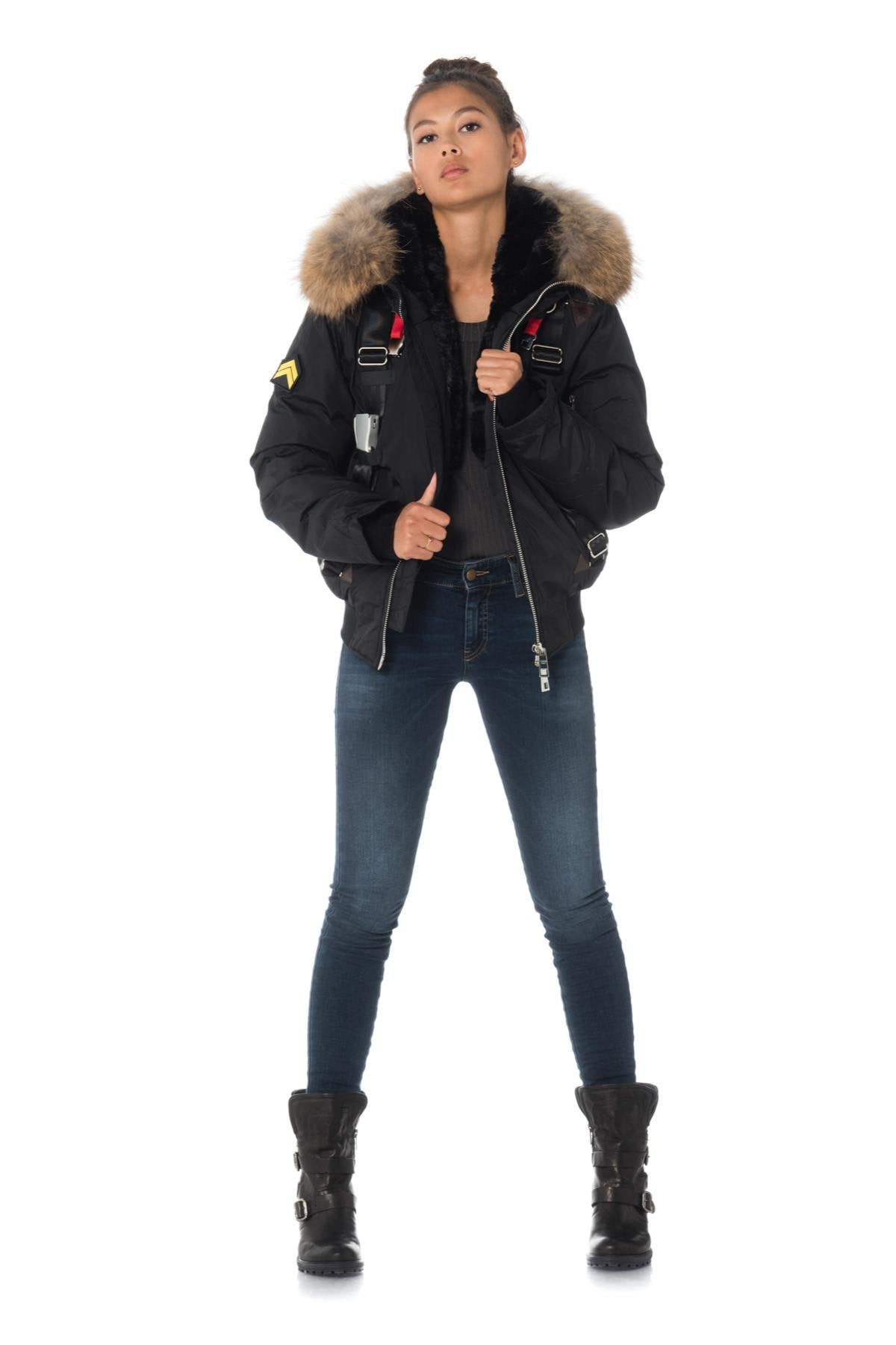 Black polyester jacket with natural raccoon fur - Image n°2