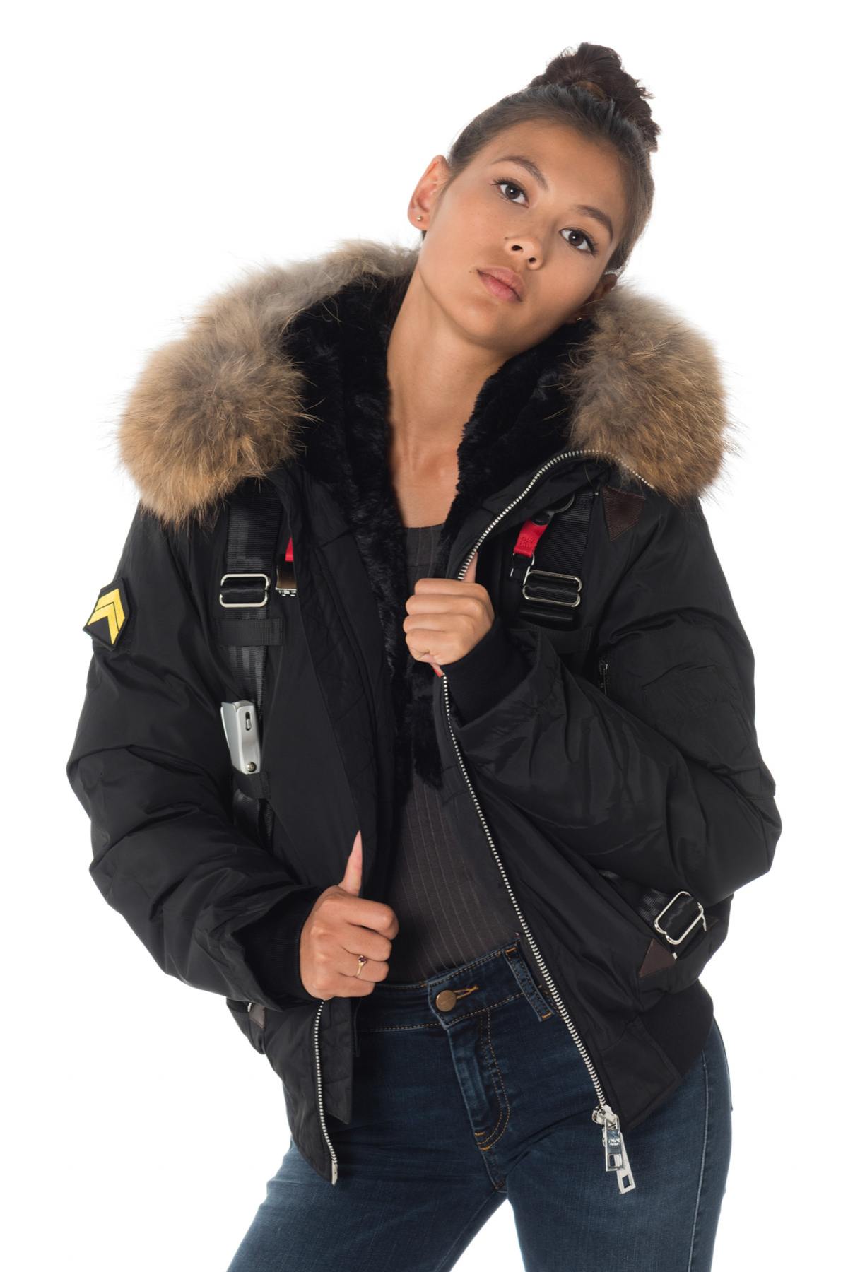 Black polyester jacket with natural raccoon fur - Image n°1