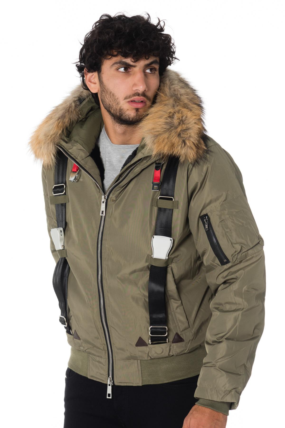 Men's khaki hooded bomber jacket with straps - Image n°3