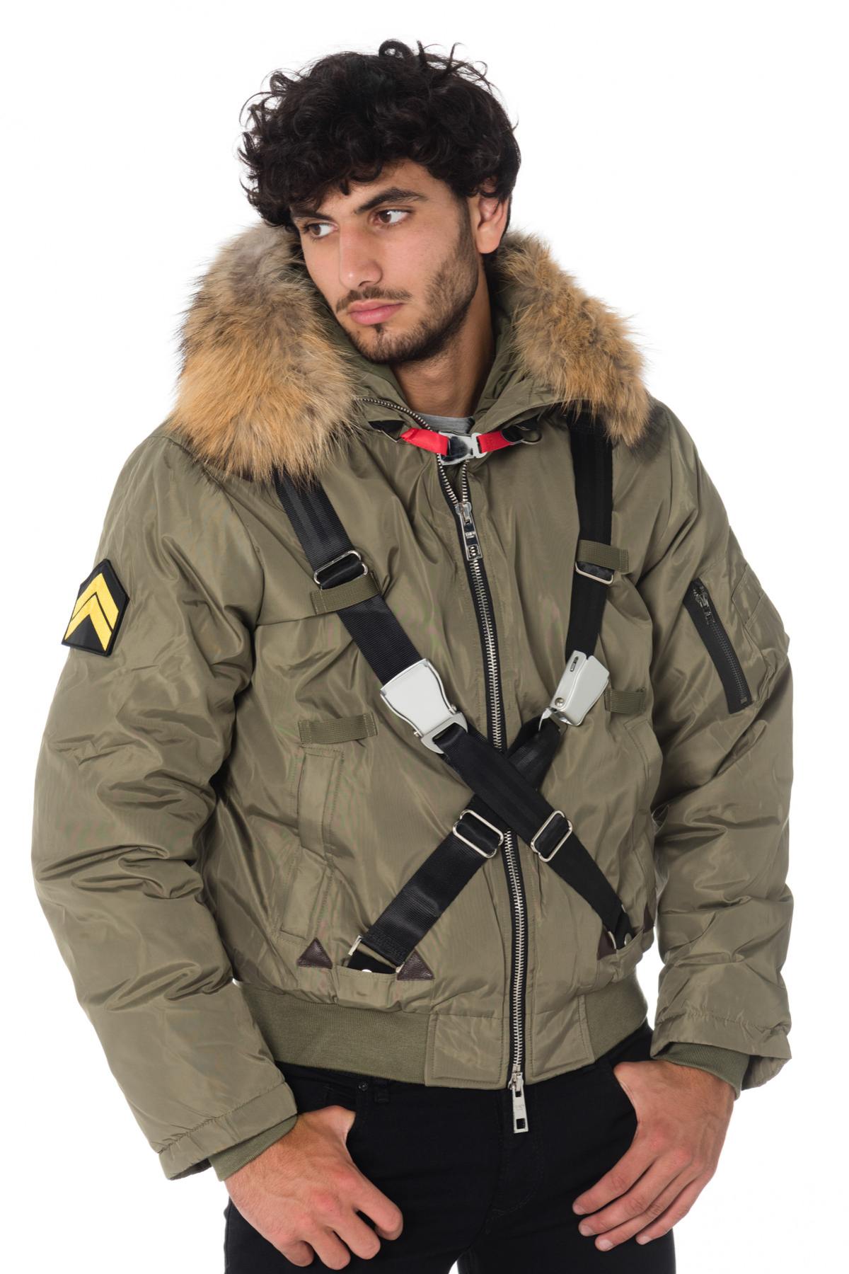 Men's khaki hooded bomber jacket with straps - Image n°4