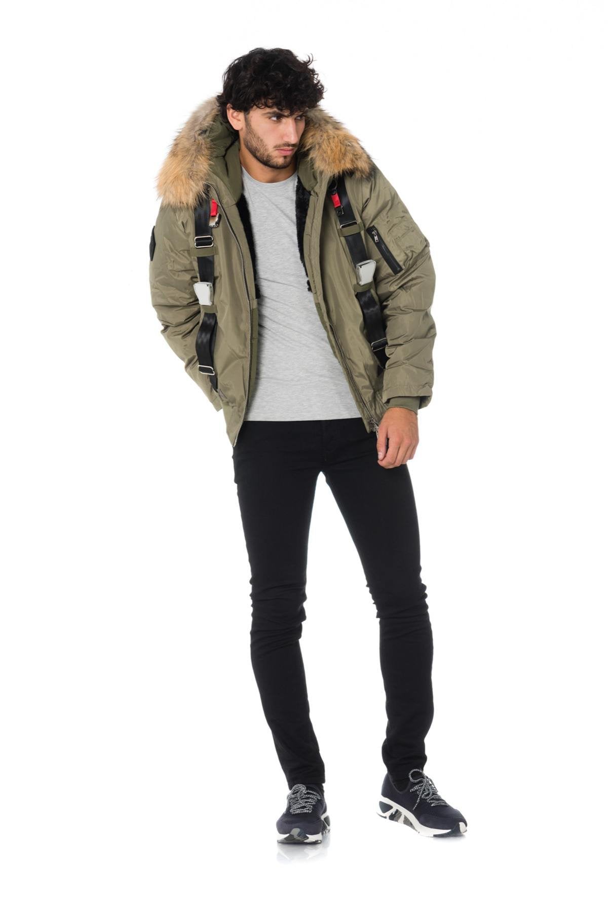 Men's khaki hooded bomber jacket with straps - Image n°2