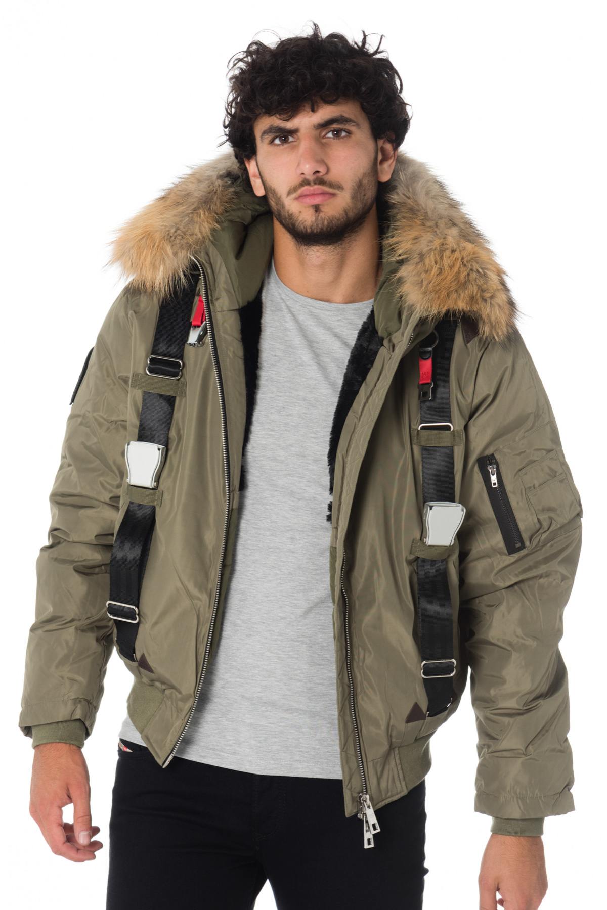 Men's khaki hooded bomber jacket with straps - Image n°1