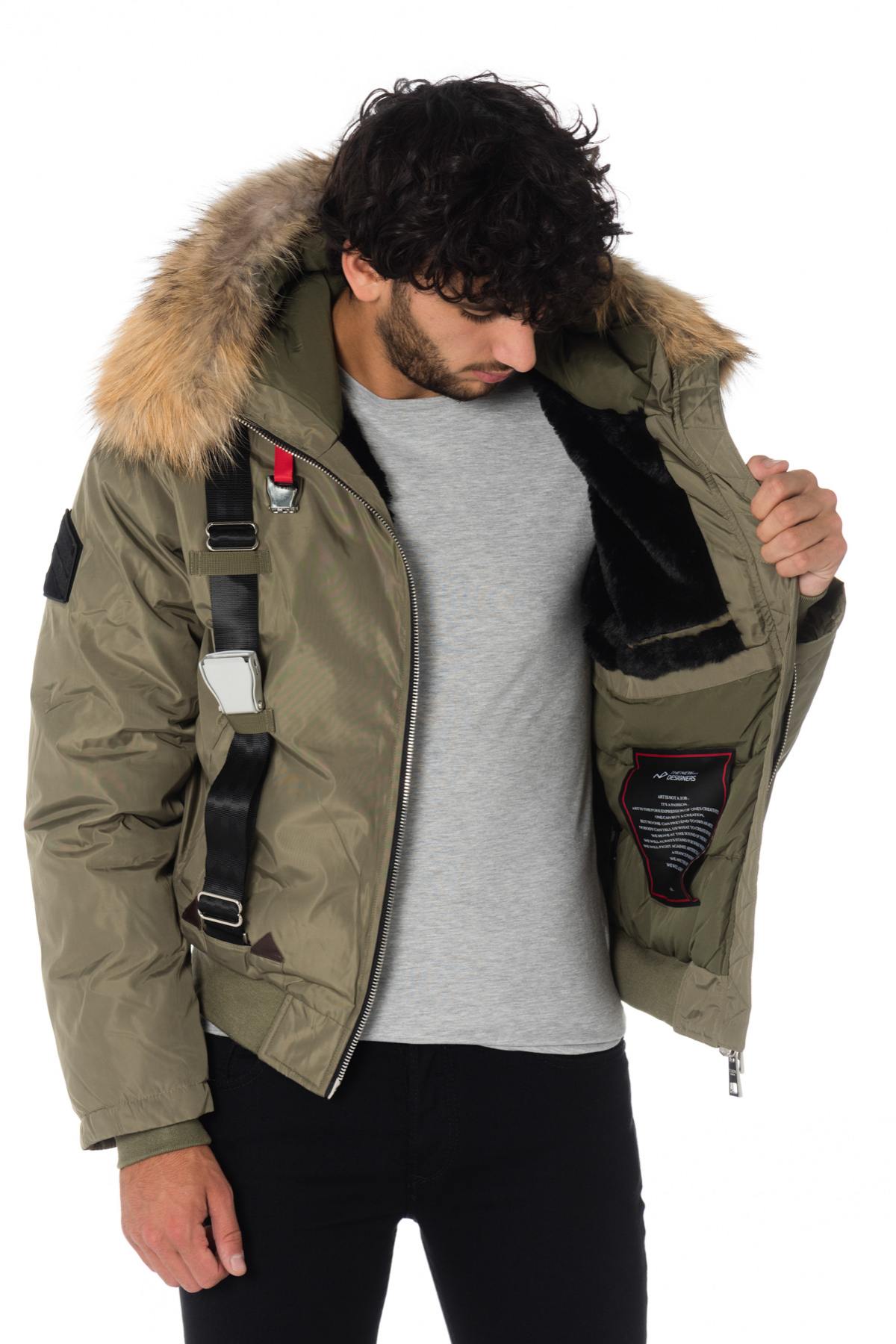 Men's khaki hooded bomber jacket with straps - Image n°6