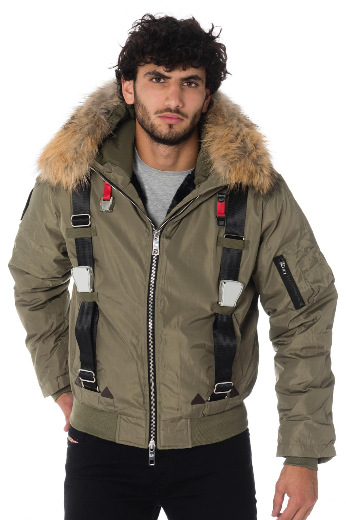 Men's khaki hooded bomber jacket with straps - Image n°10