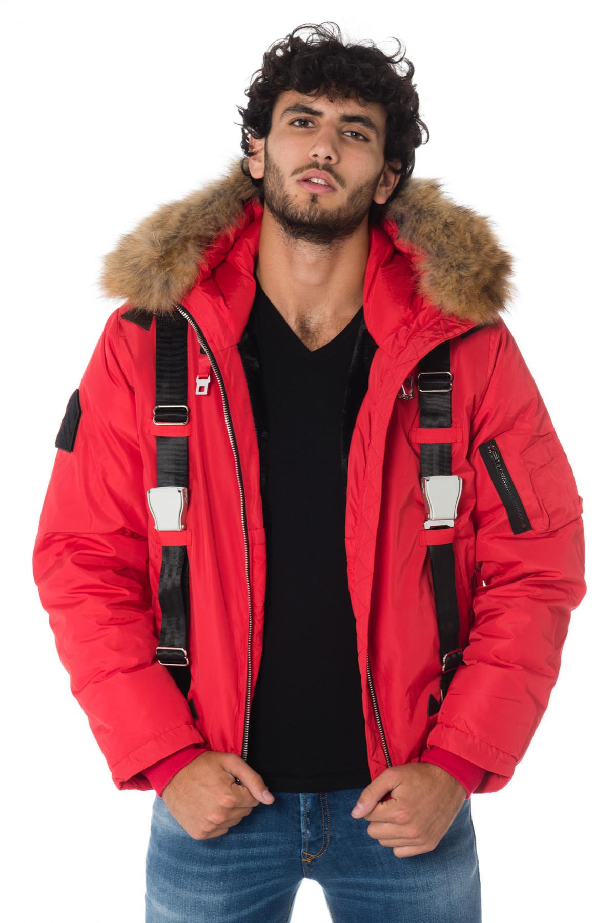 Men's red hooded bomber jacket with raccoon fur - Image n°1