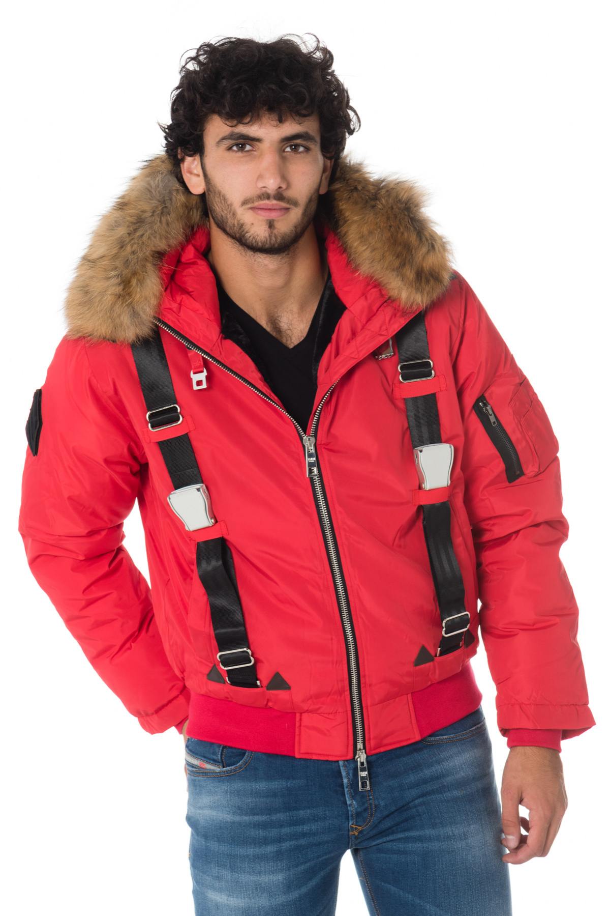 Men's red hooded bomber jacket with raccoon fur - Image n°3