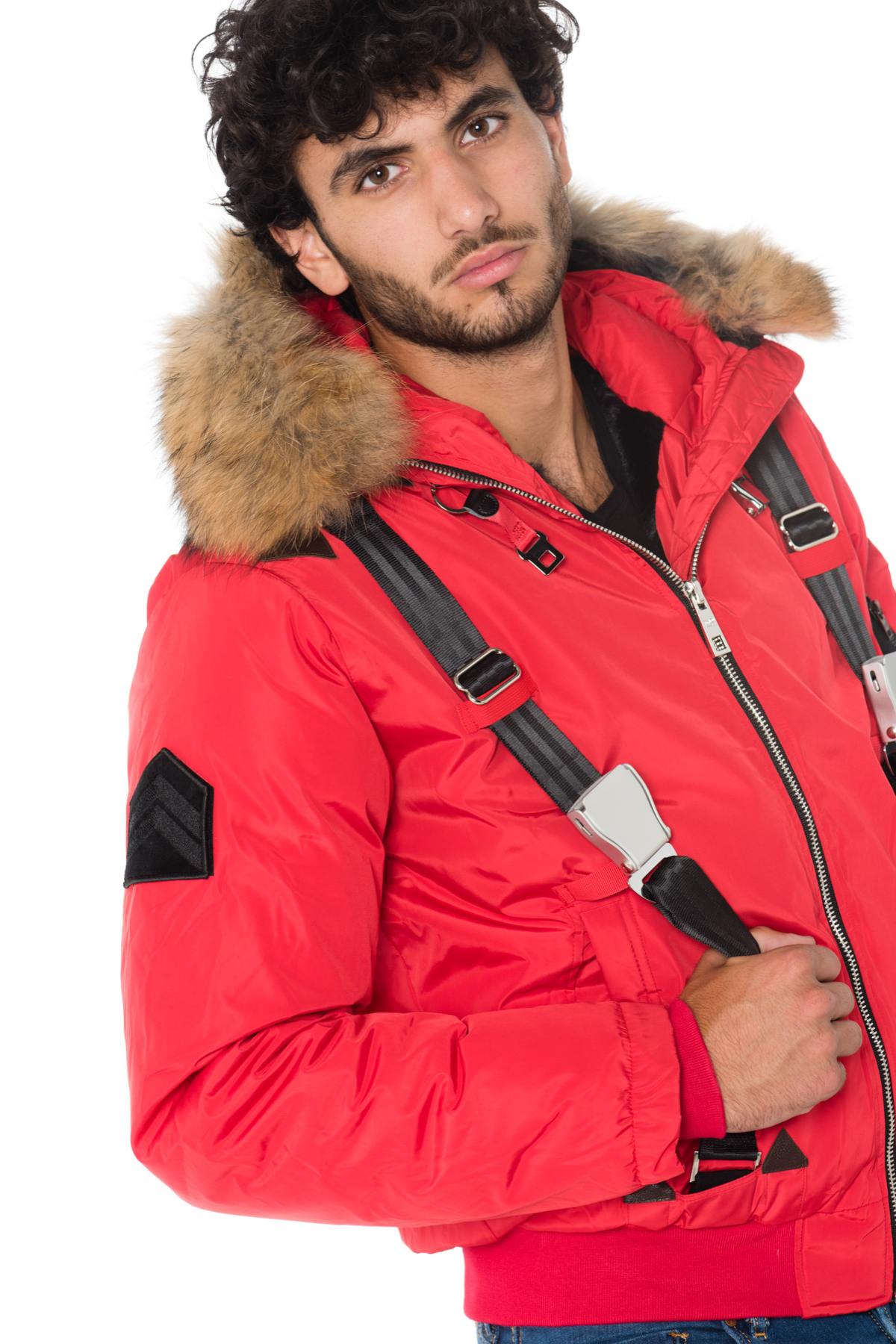 Men's red hooded bomber jacket with raccoon fur - Image n°7