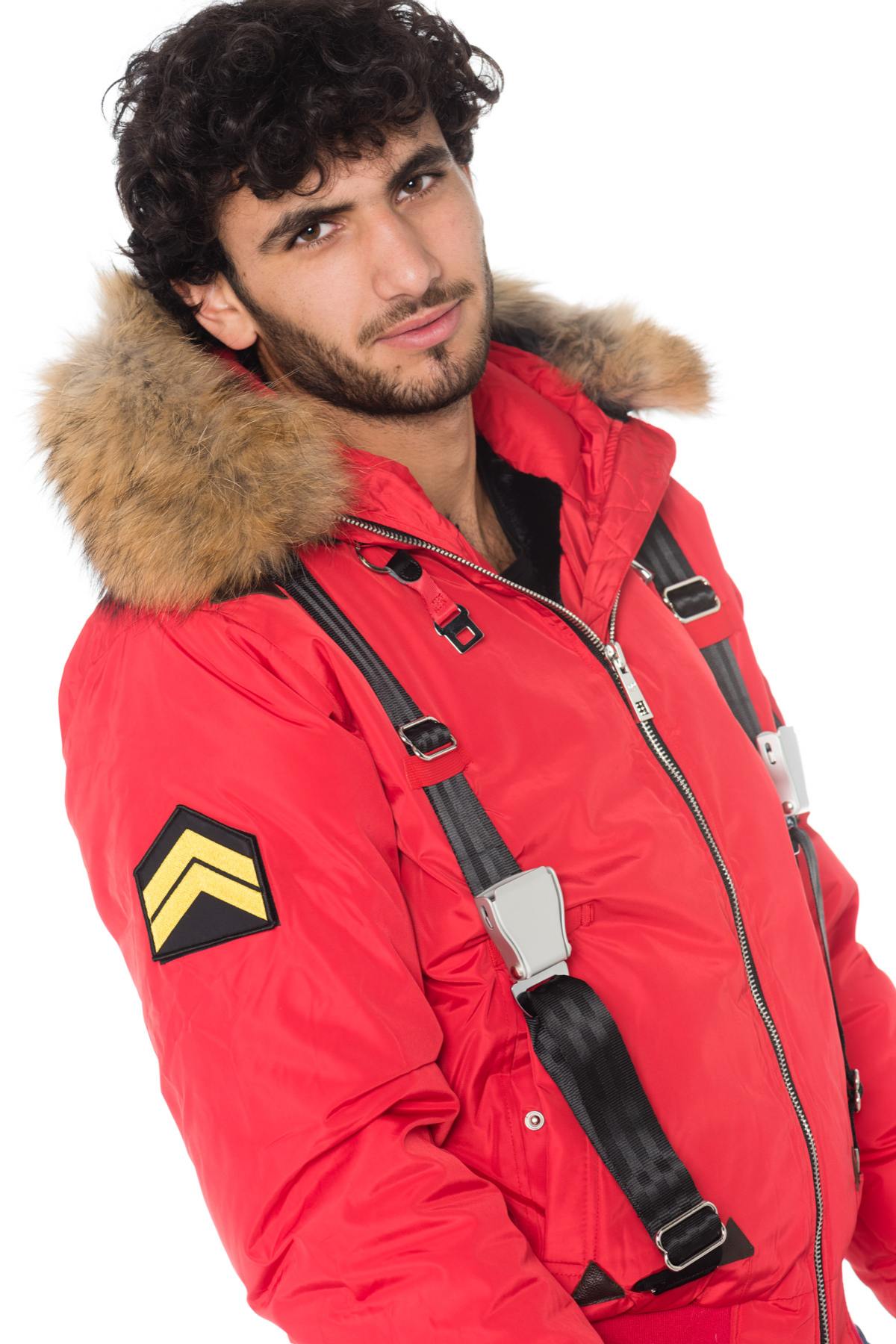 Men's red hooded bomber jacket with raccoon fur - Image n°8