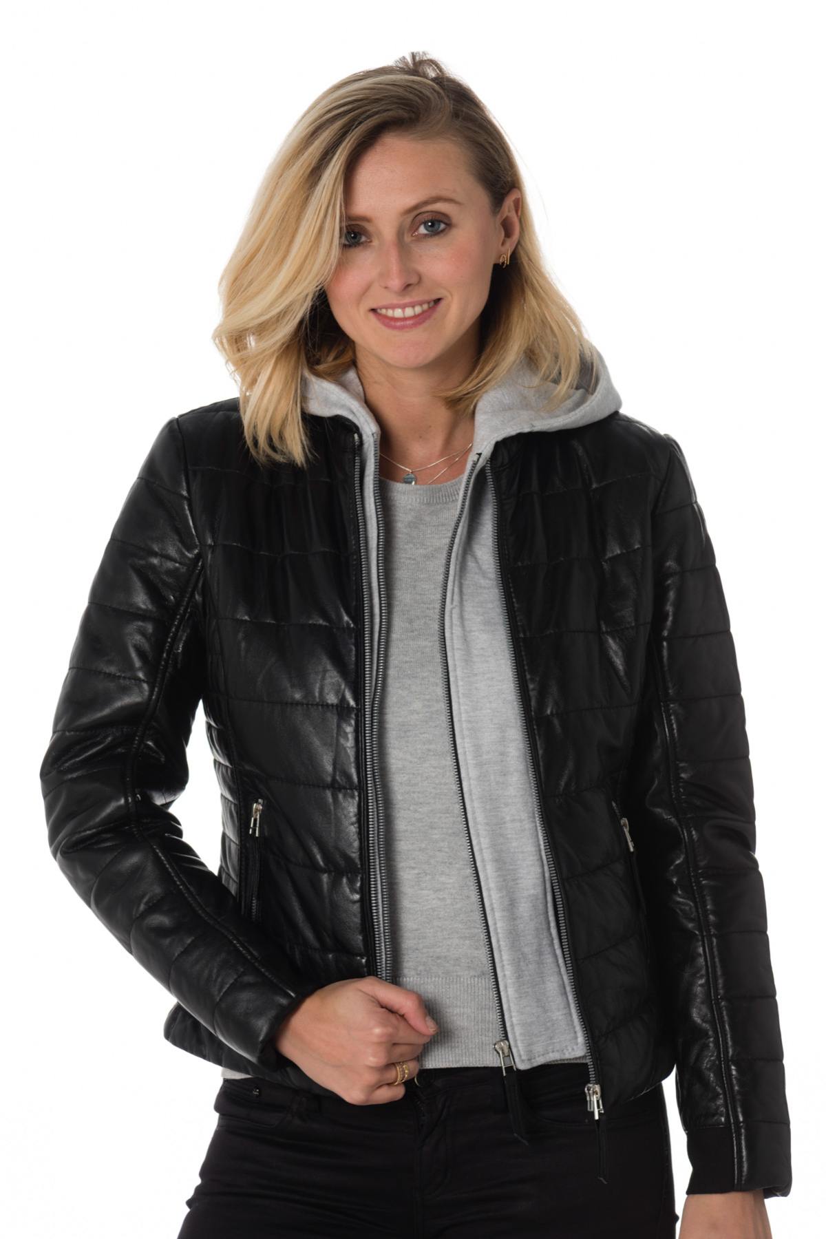 Women's black down jacket with sweatshirt effect hood - Image n°3