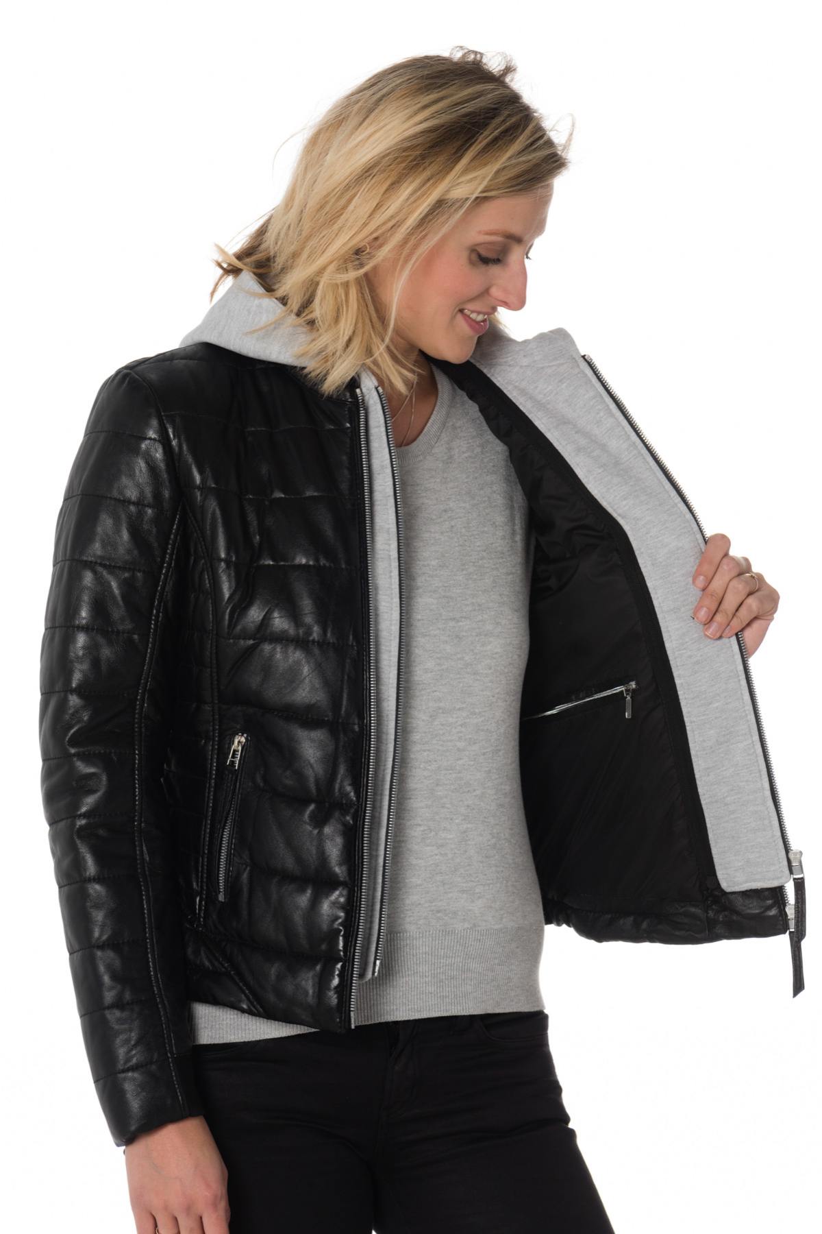 Women's black down jacket with sweatshirt effect hood - Image n°5