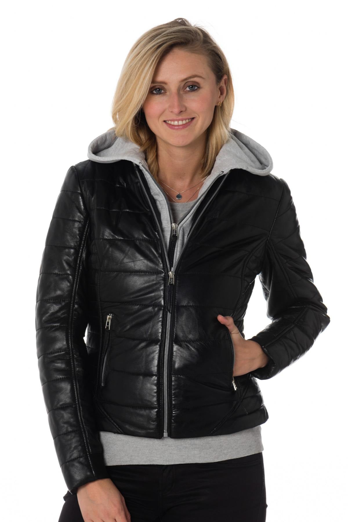 Women's black down jacket with sweatshirt effect hood - Image n°1