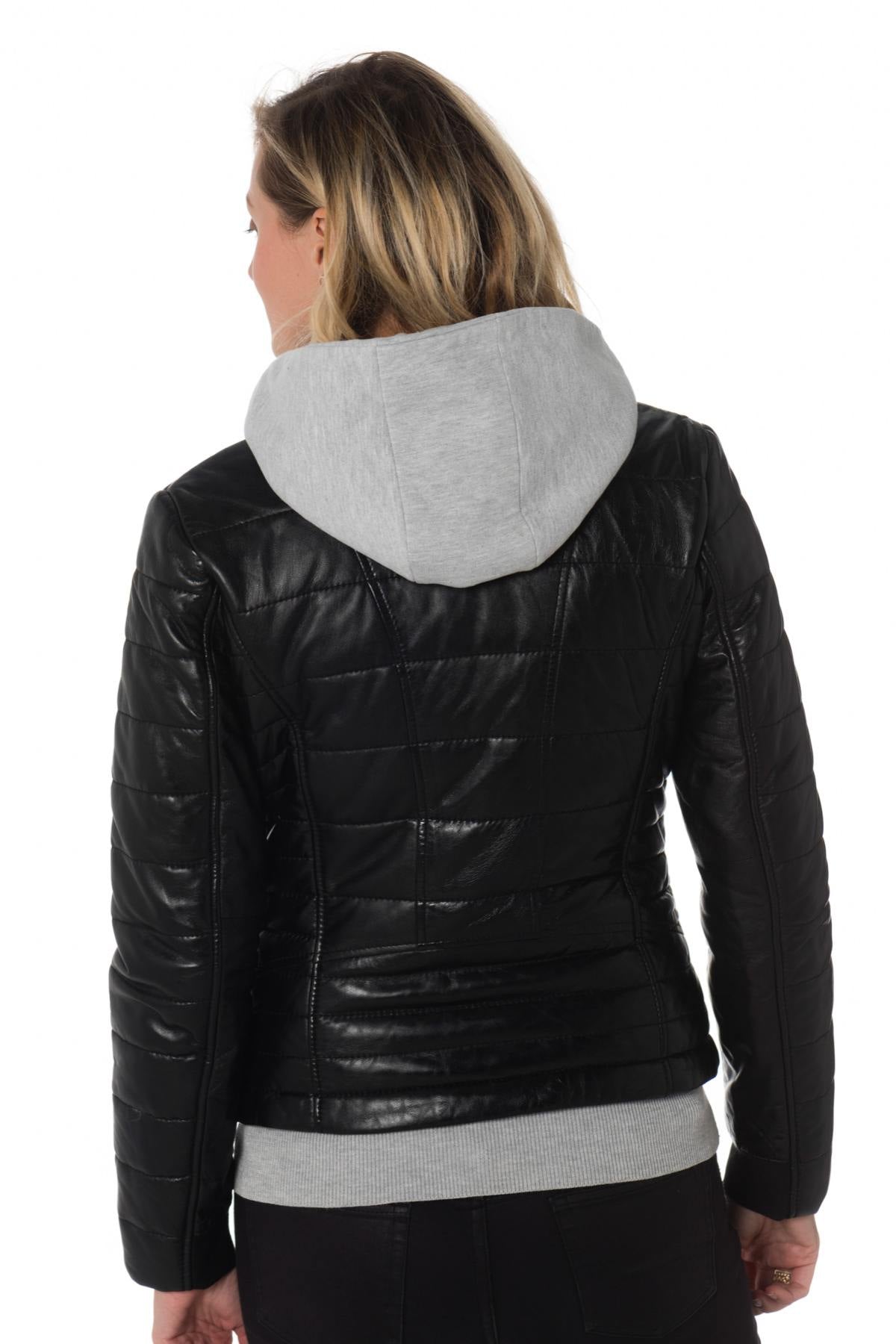 Women's black down jacket with sweatshirt effect hood - Image n°6