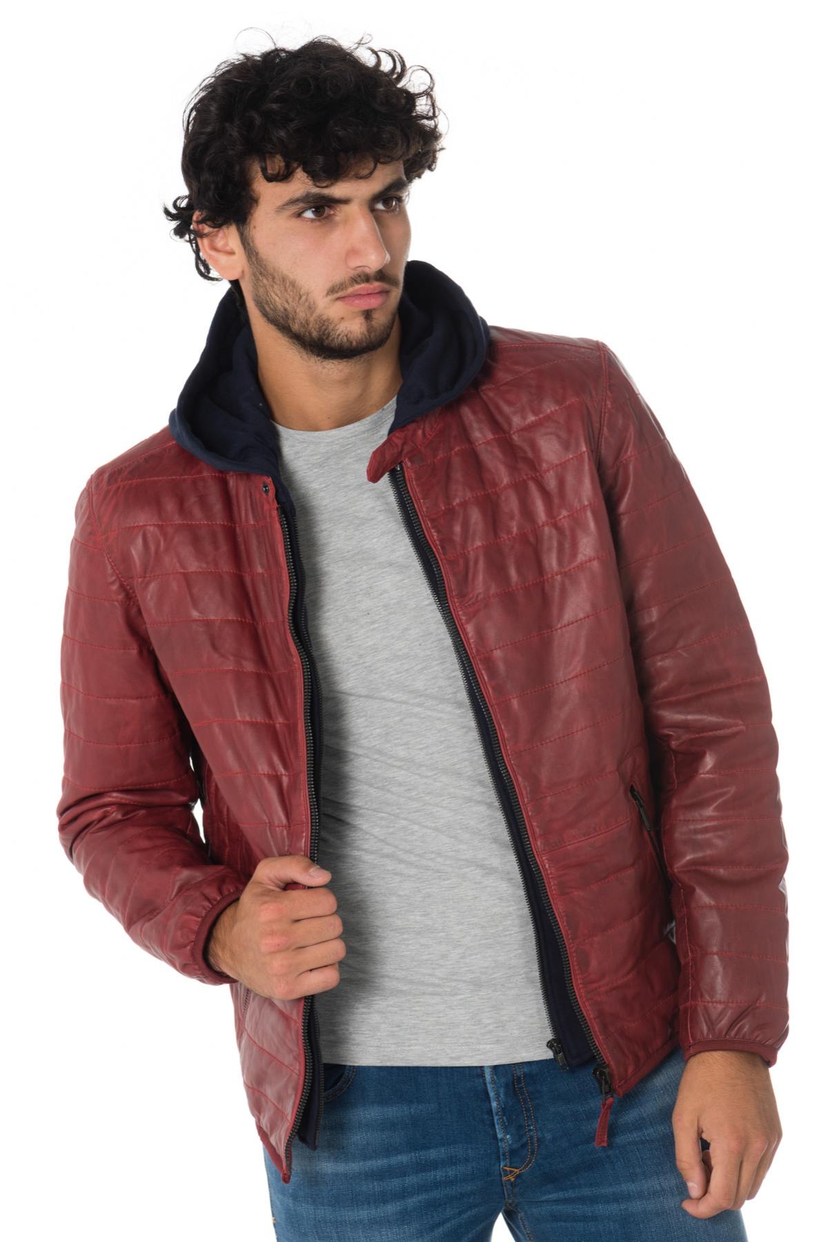 Men's red down jacket with navy blue hood - Image n°3