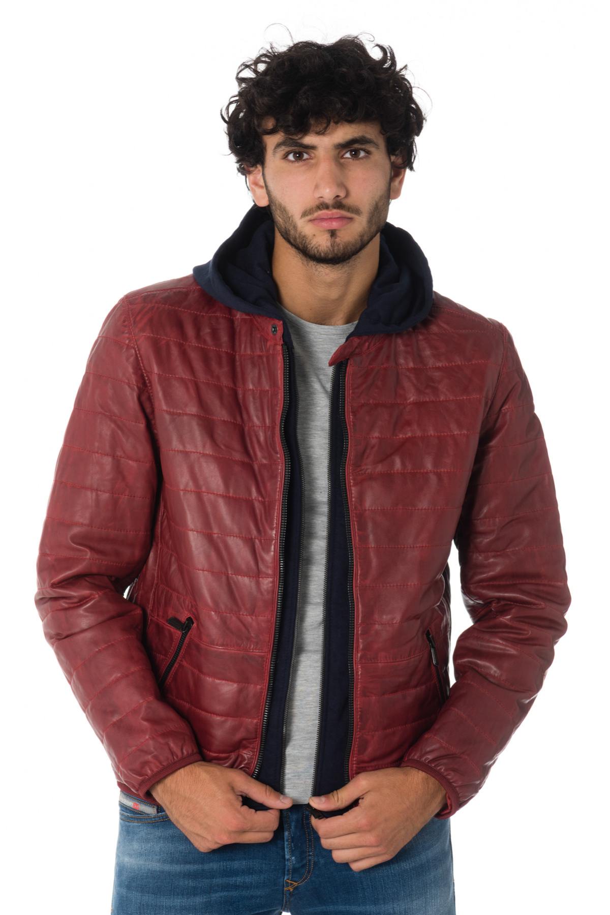 Men's red down jacket with navy blue hood - Image n°4