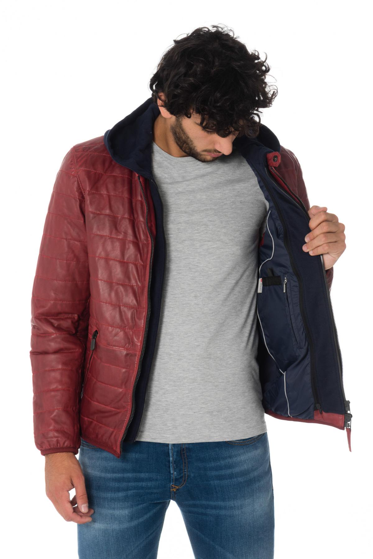 Men's red down jacket with navy blue hood - Image n°5