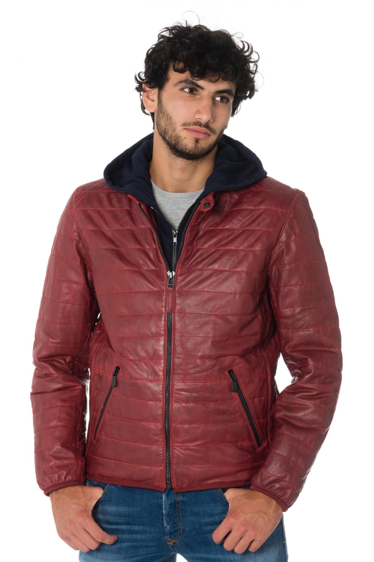 Men's red down jacket with navy blue hood - Image n°1