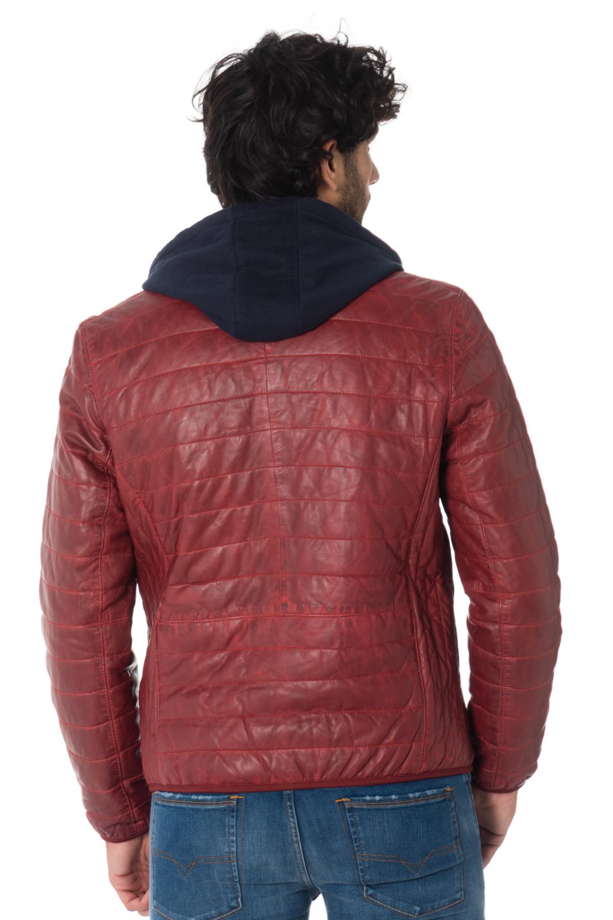 Men's red down jacket with navy blue hood - Image n°6