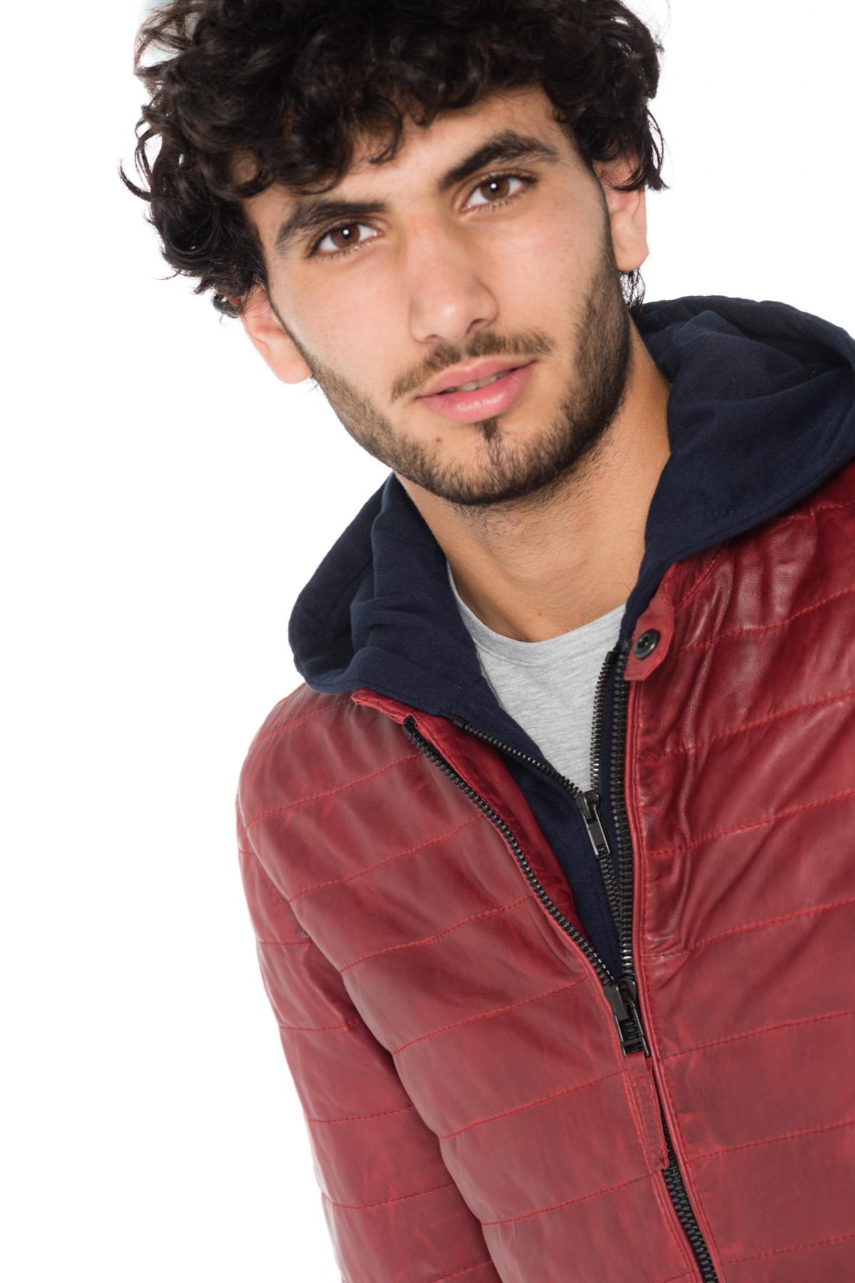 Men's red down jacket with navy blue hood - Image n°7