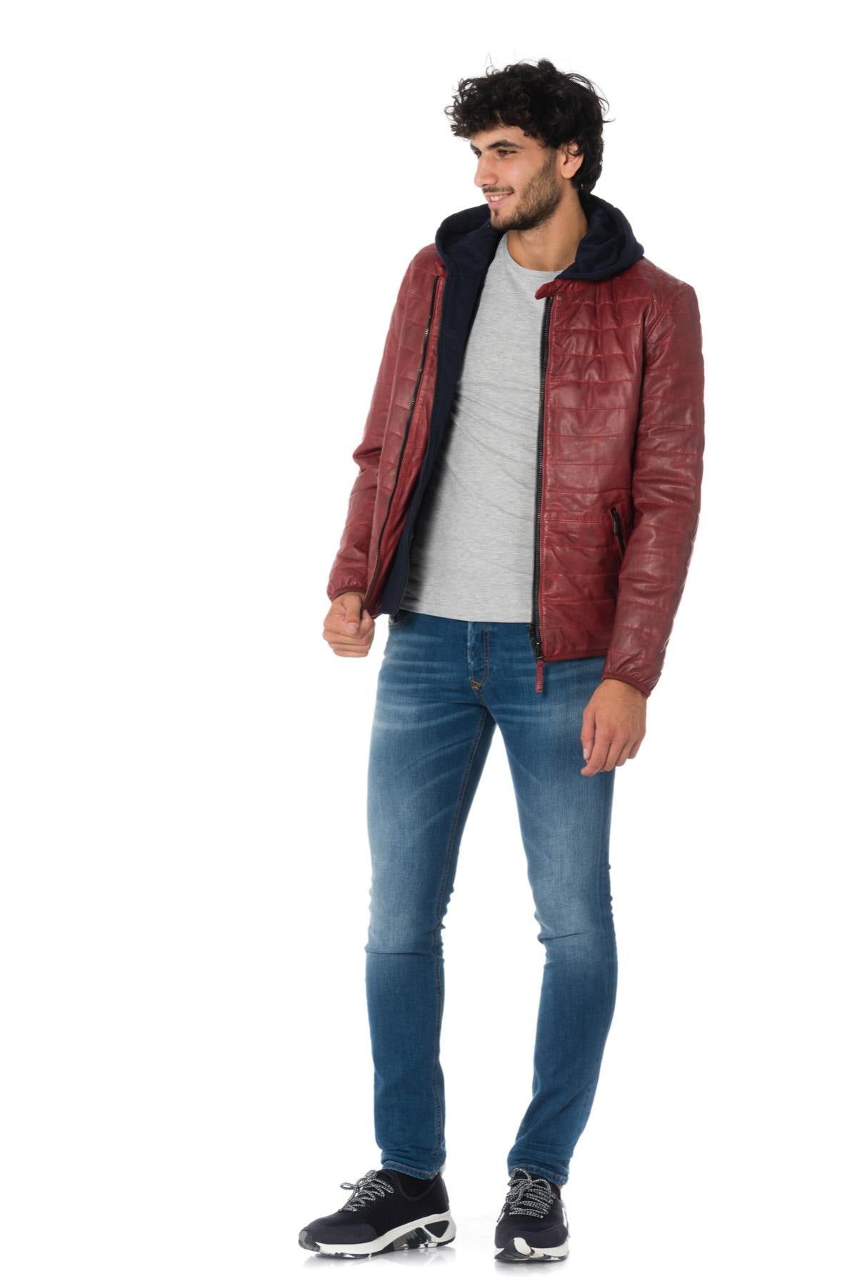 Men's red down jacket with navy blue hood - Image n°2