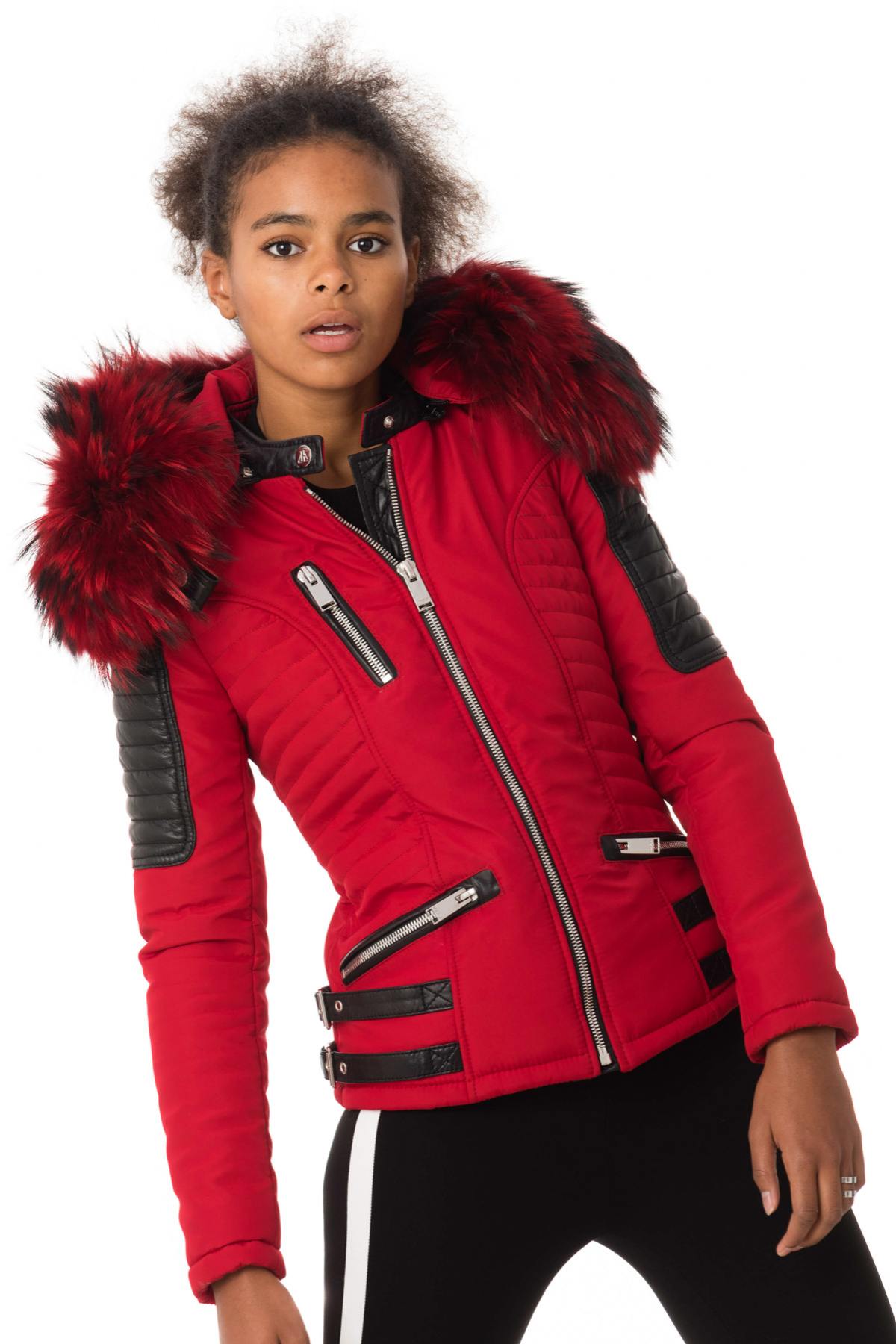 Red down jacket with red collar - Image n°3