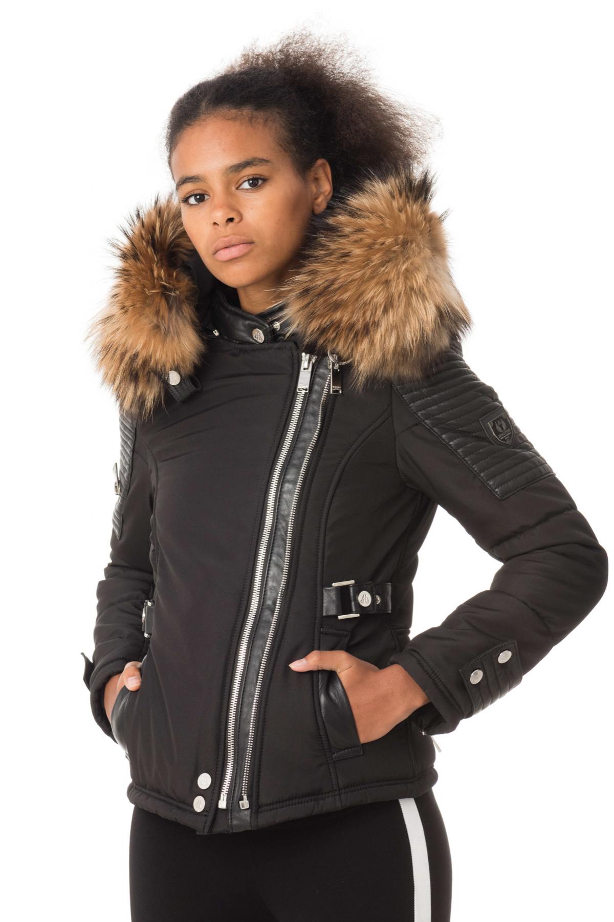 Black down jacket with natural collar - Image n°1