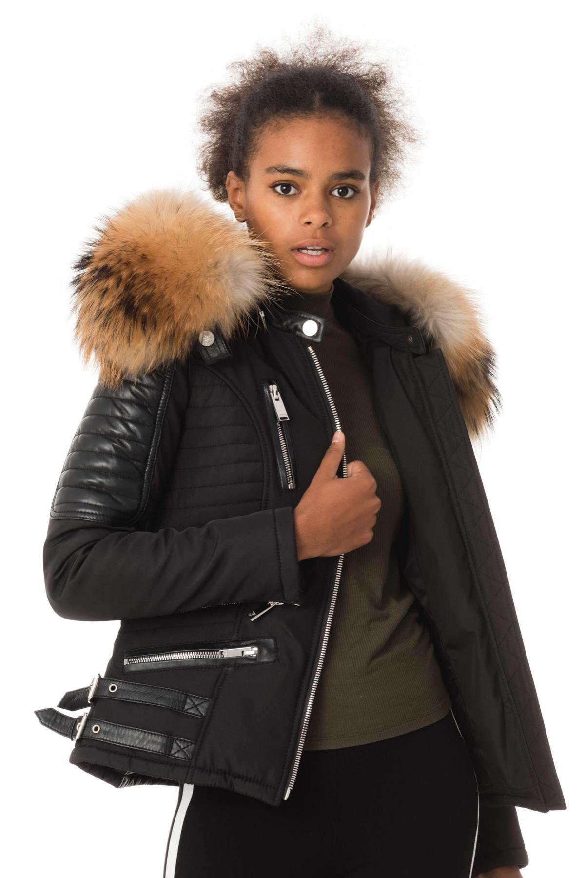 Black down jacket with natural collar - Image n°4