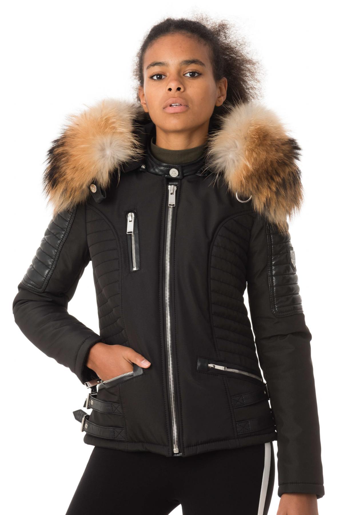 Black down jacket with natural collar - Image n°1