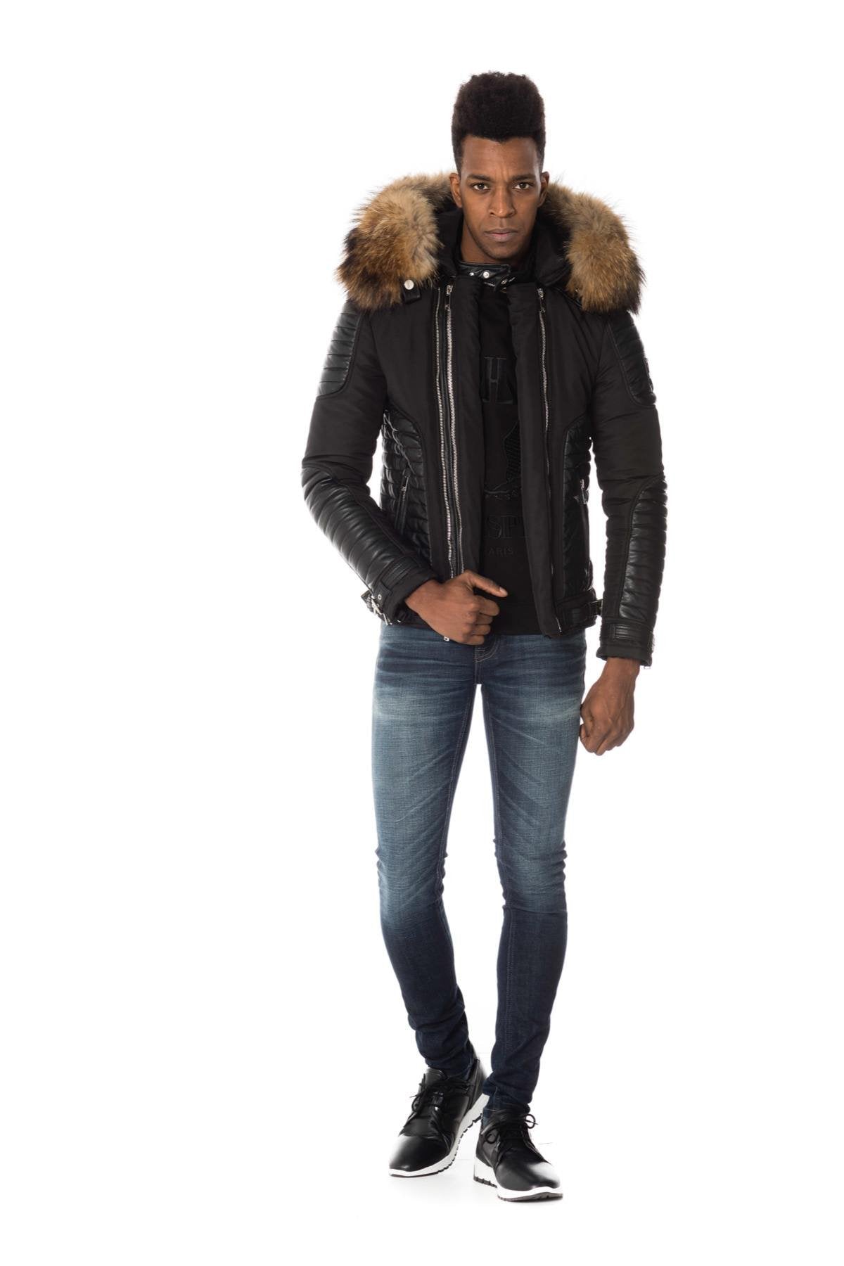 Black down jacket with natural fur collar - Image n°2