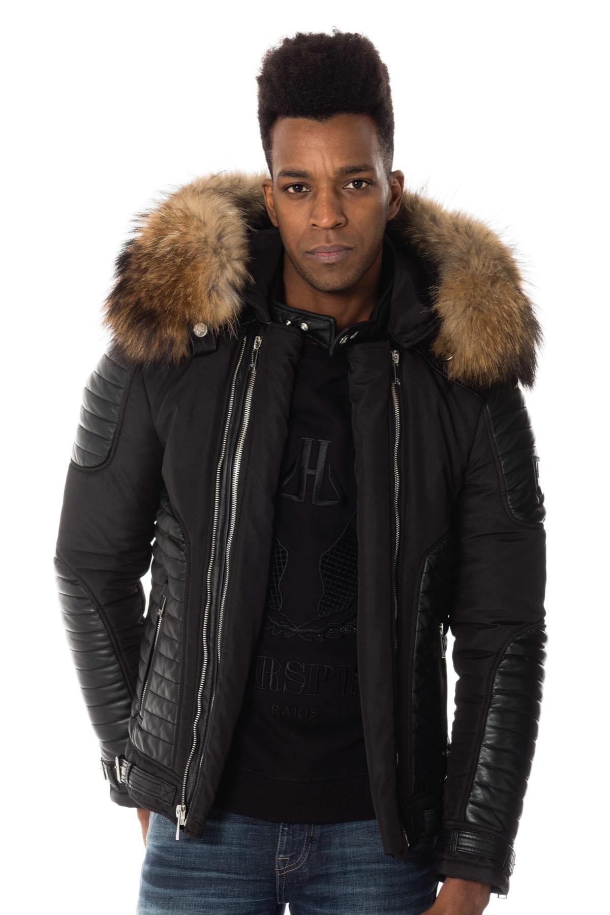 Black down jacket with natural fur collar - Image n°3