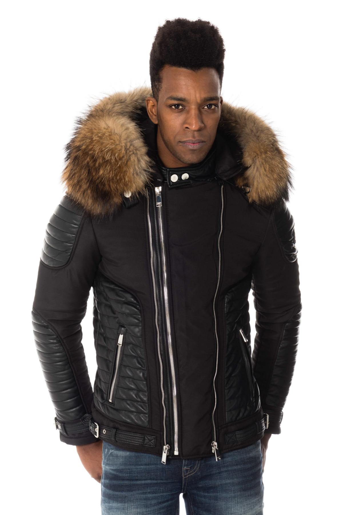 Black down jacket with natural fur collar - Image n°4