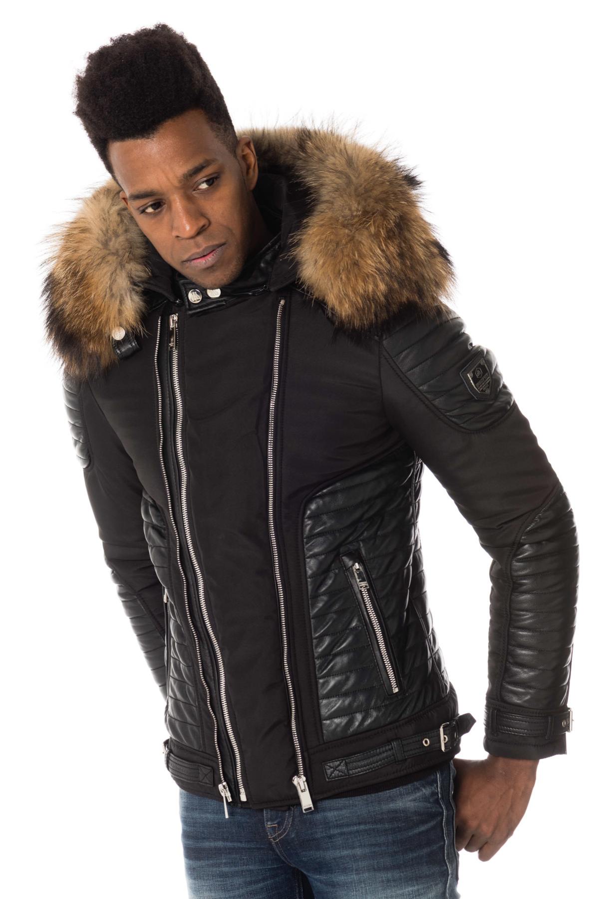 Black down jacket with natural fur collar - Image n°1