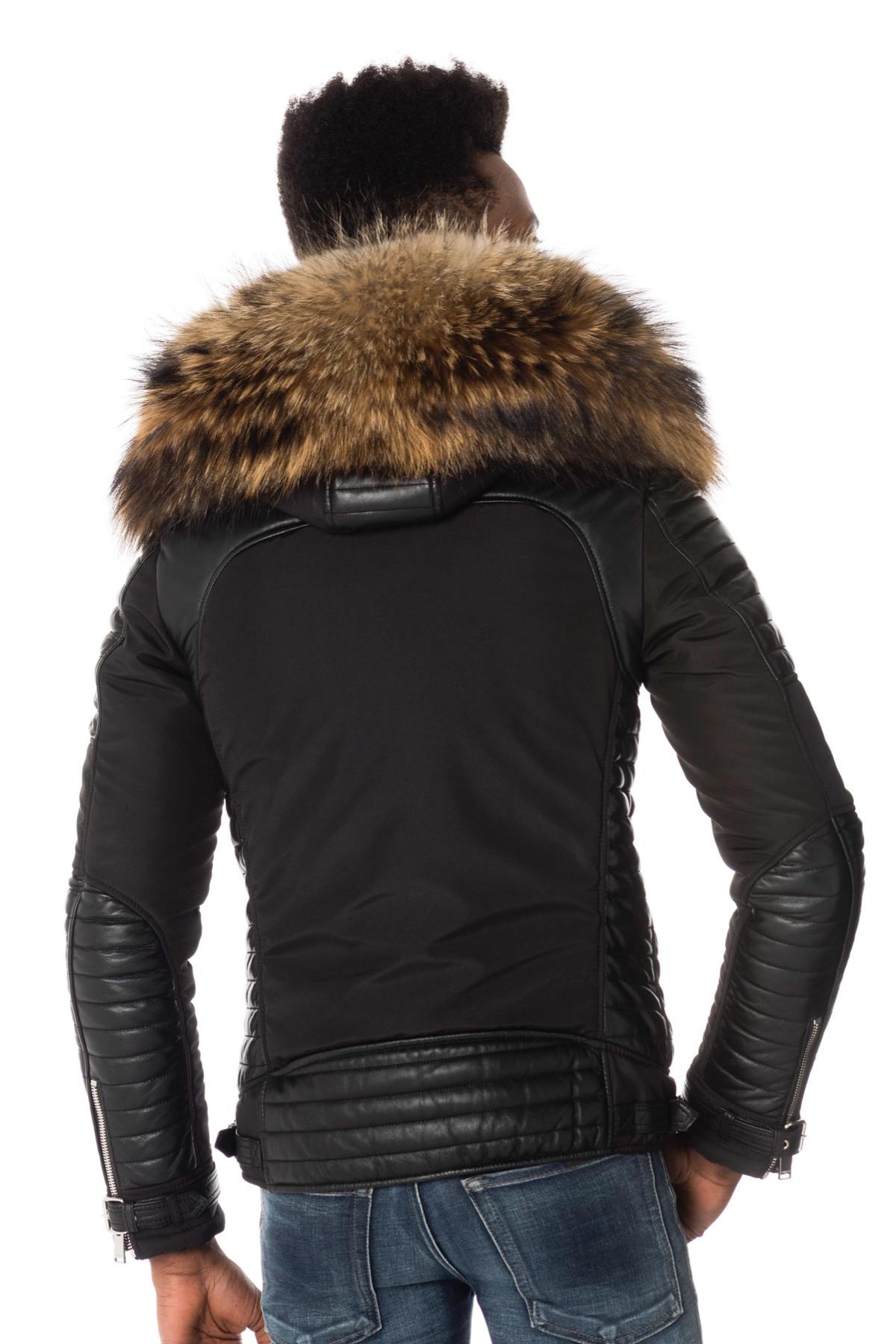 Black down jacket with natural fur collar - Image n°5