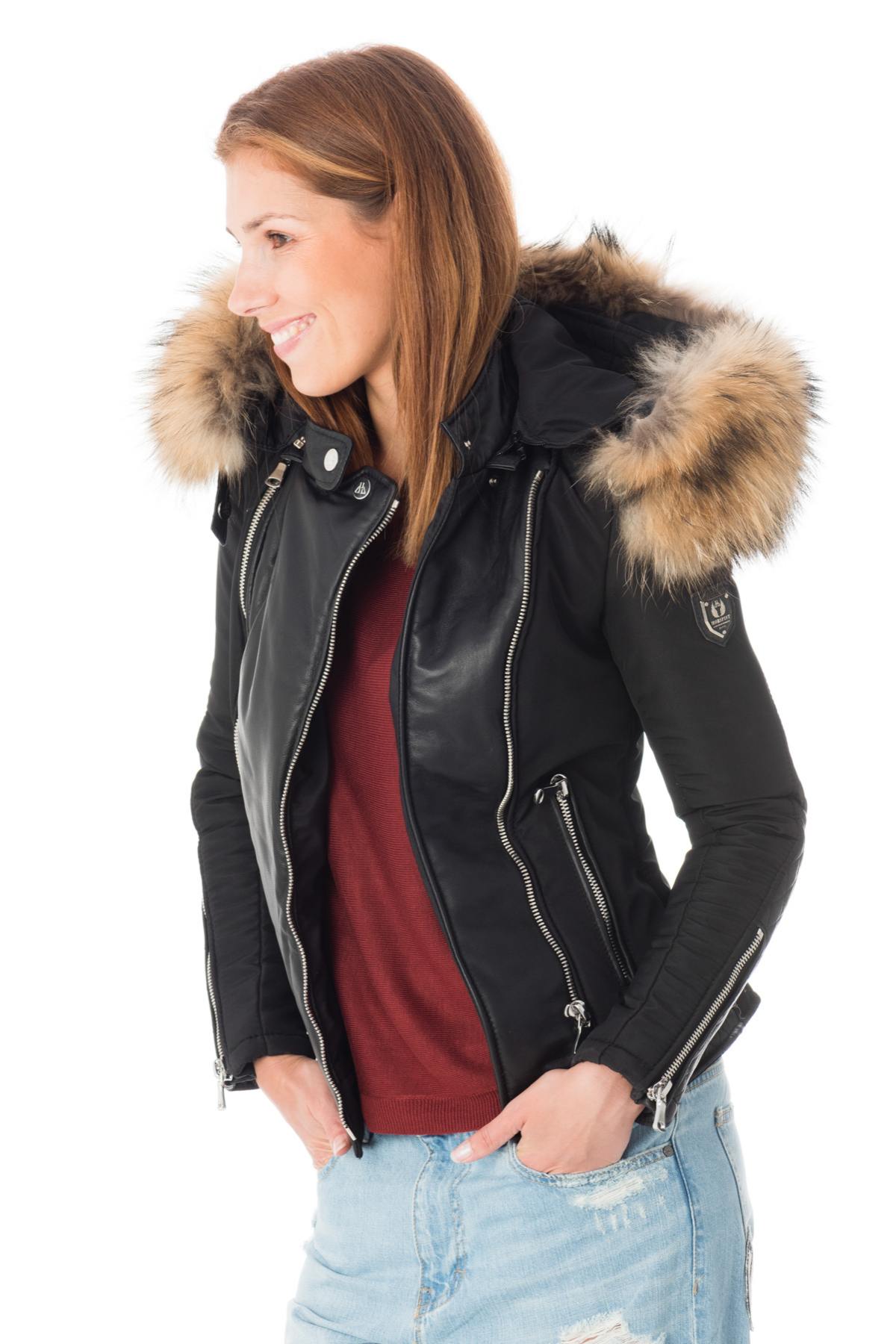 Short women's jacket in polyester and leather - Image n°4