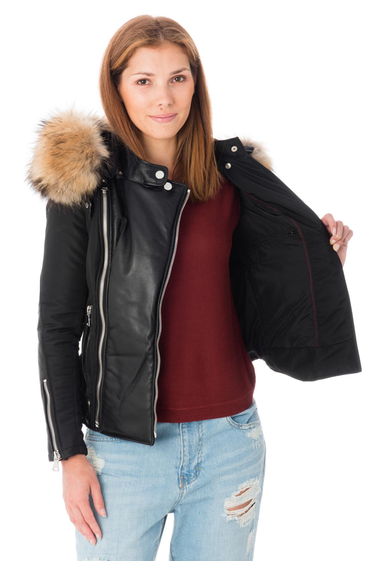 Short women's jacket in polyester and leather - Image n°5