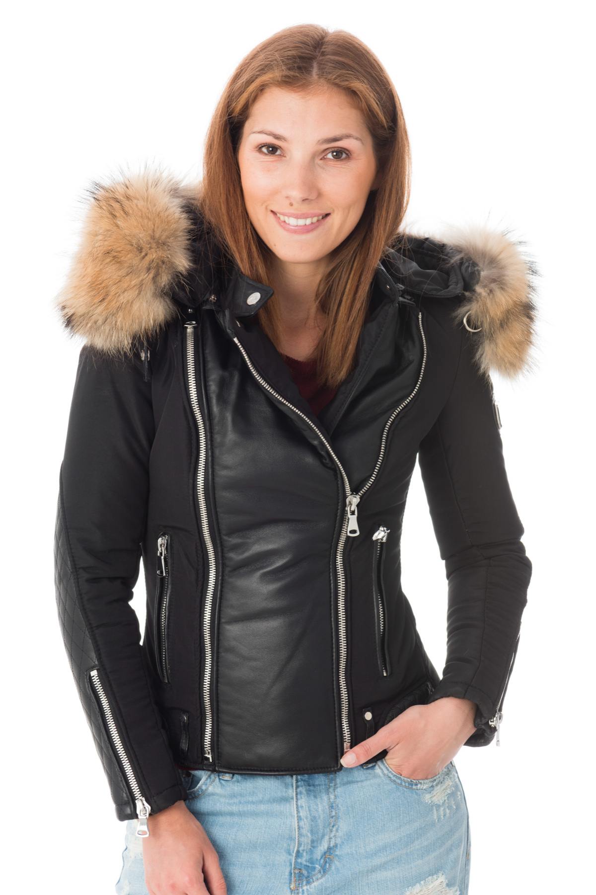 Short women's jacket in polyester and leather - Image n°3