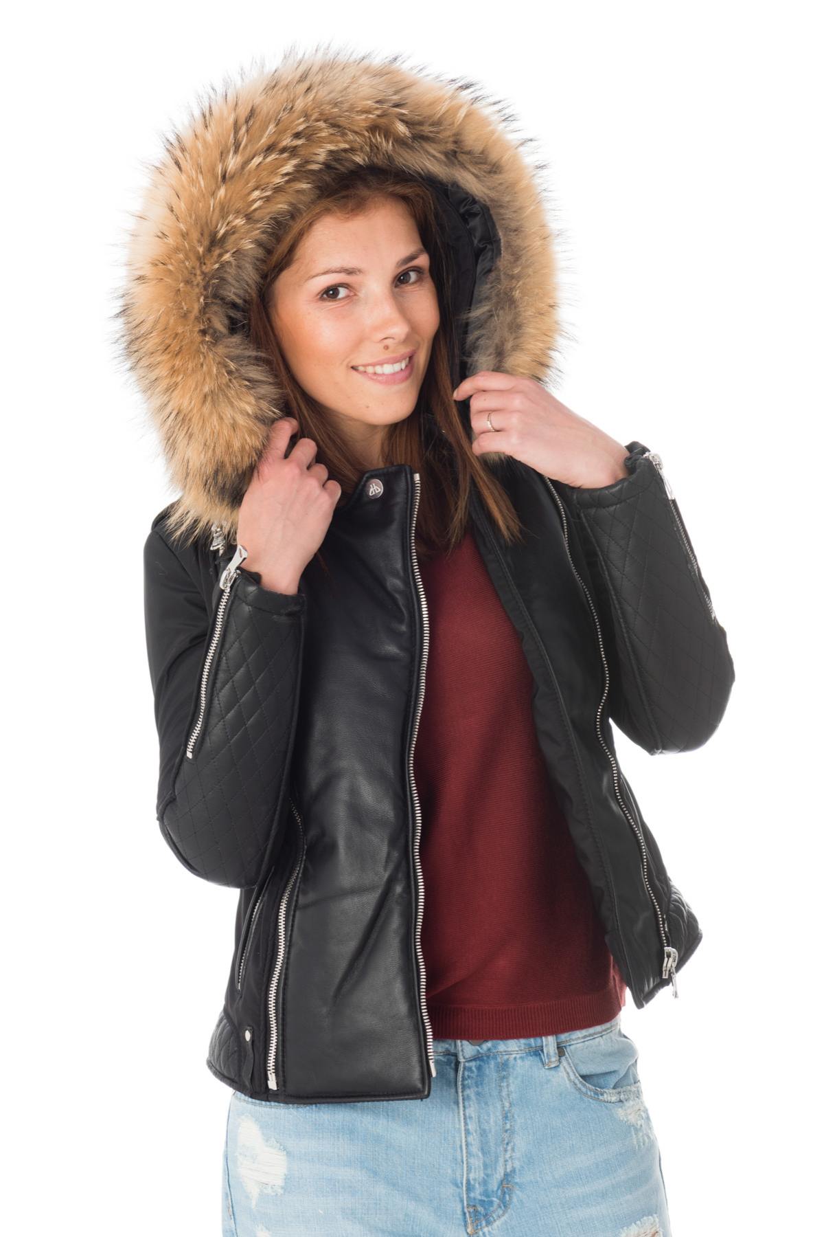 Short women's jacket in polyester and leather - Image n°1