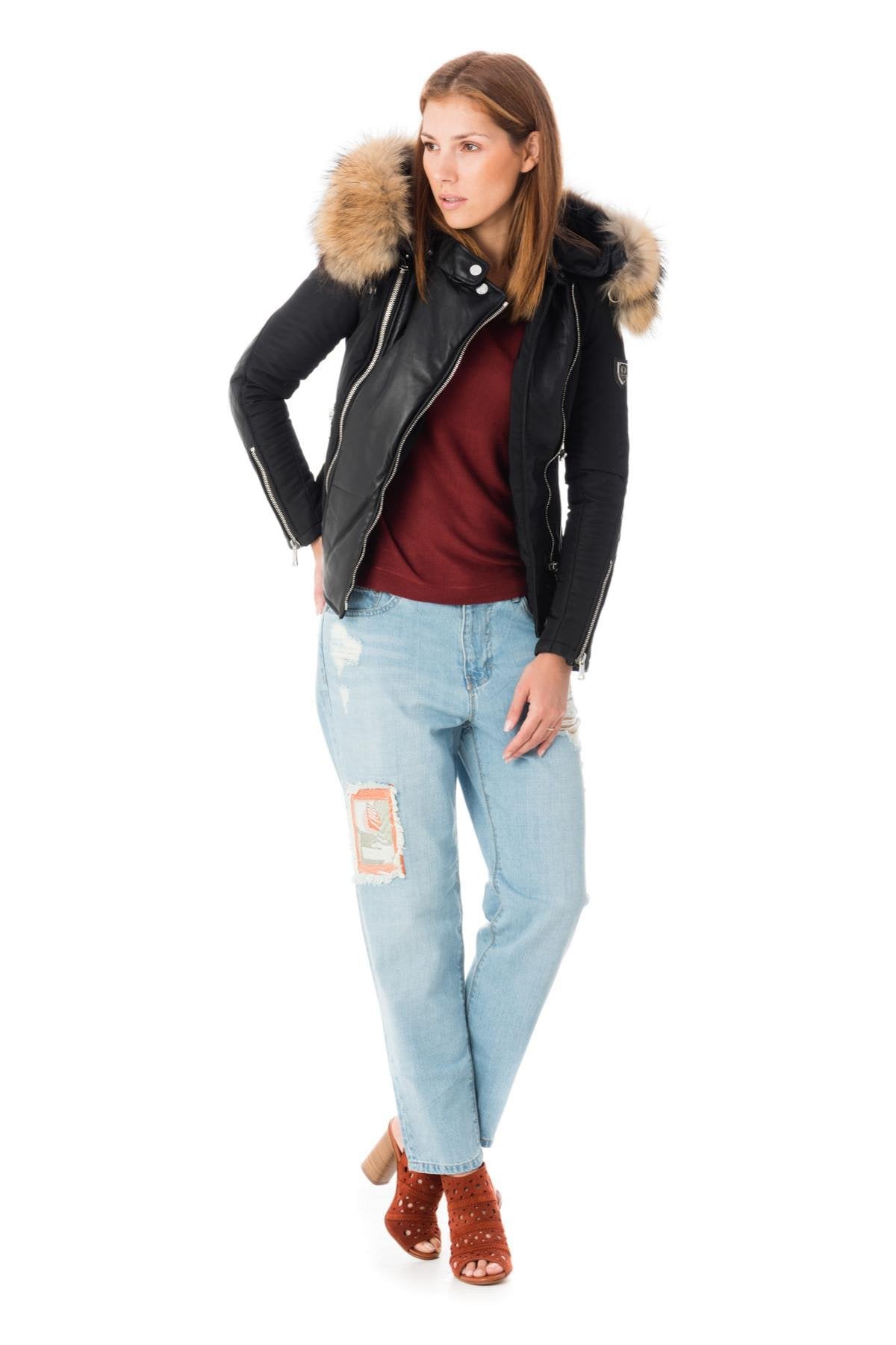 Short women's jacket in polyester and leather - Image n°2