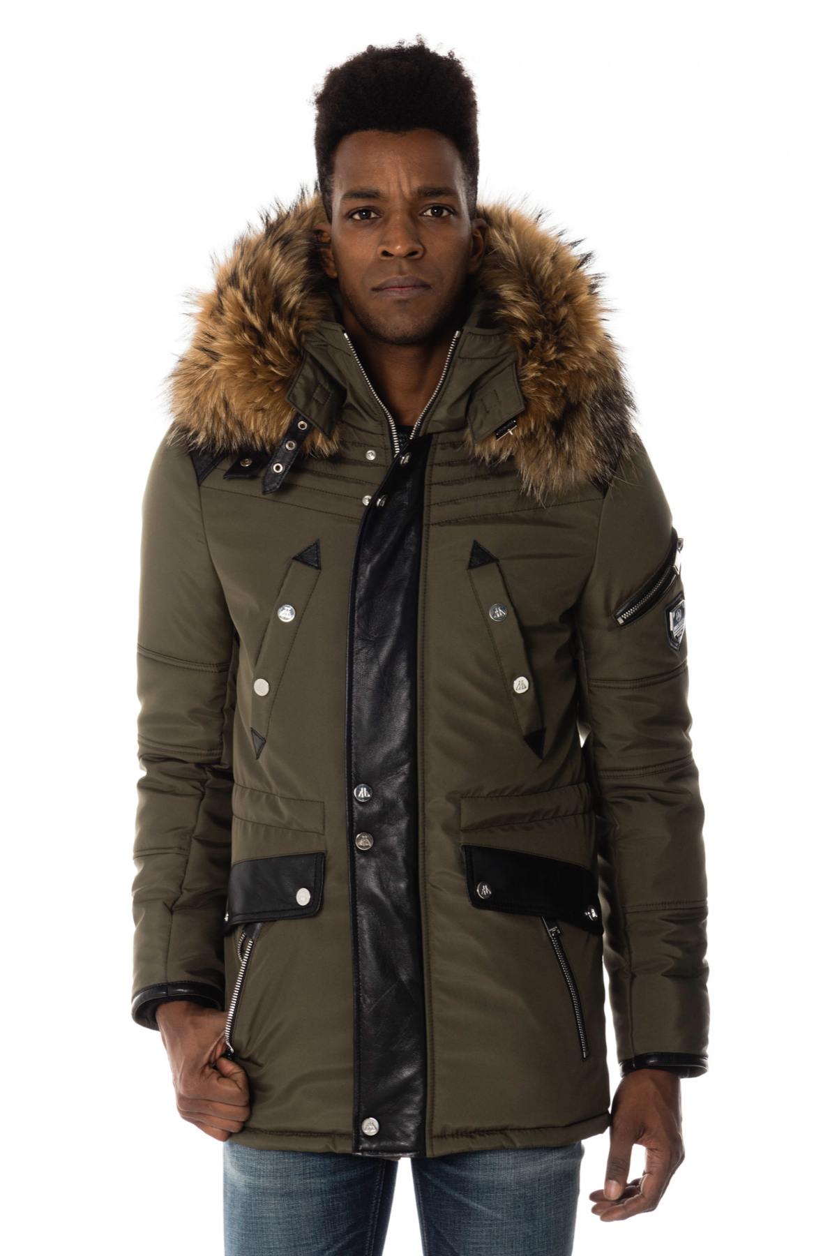 Horspist men's khaki parka with natural collar - Image n°1