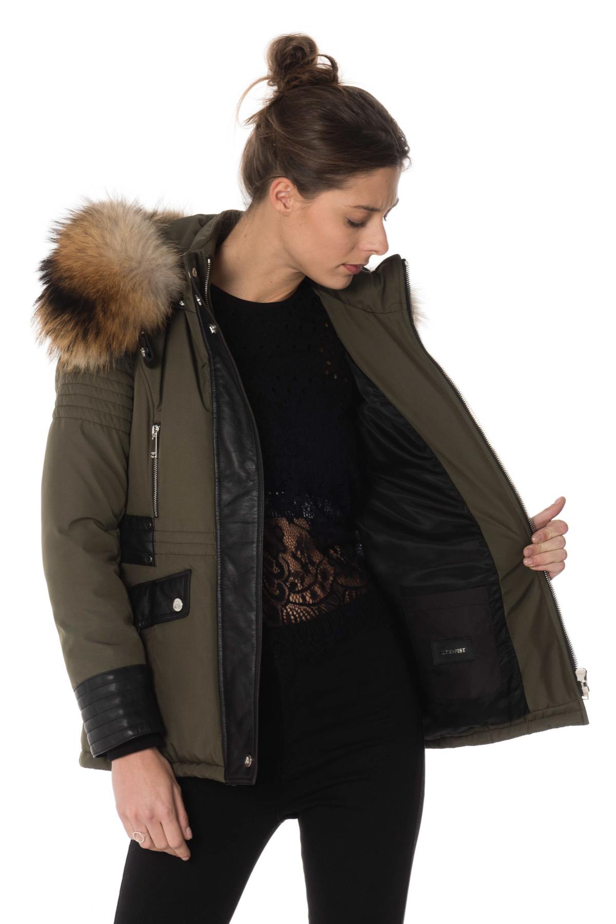 Khaki/black down jacket with natural collar - Image n°7