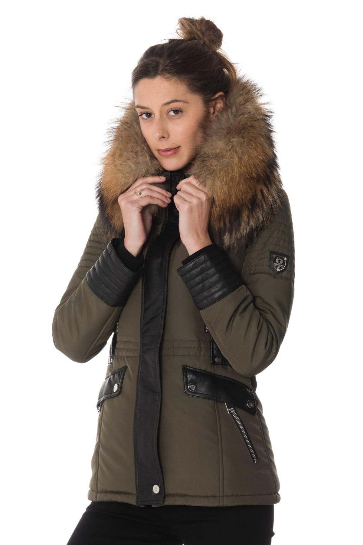 Khaki/black down jacket with natural collar - Image n°4