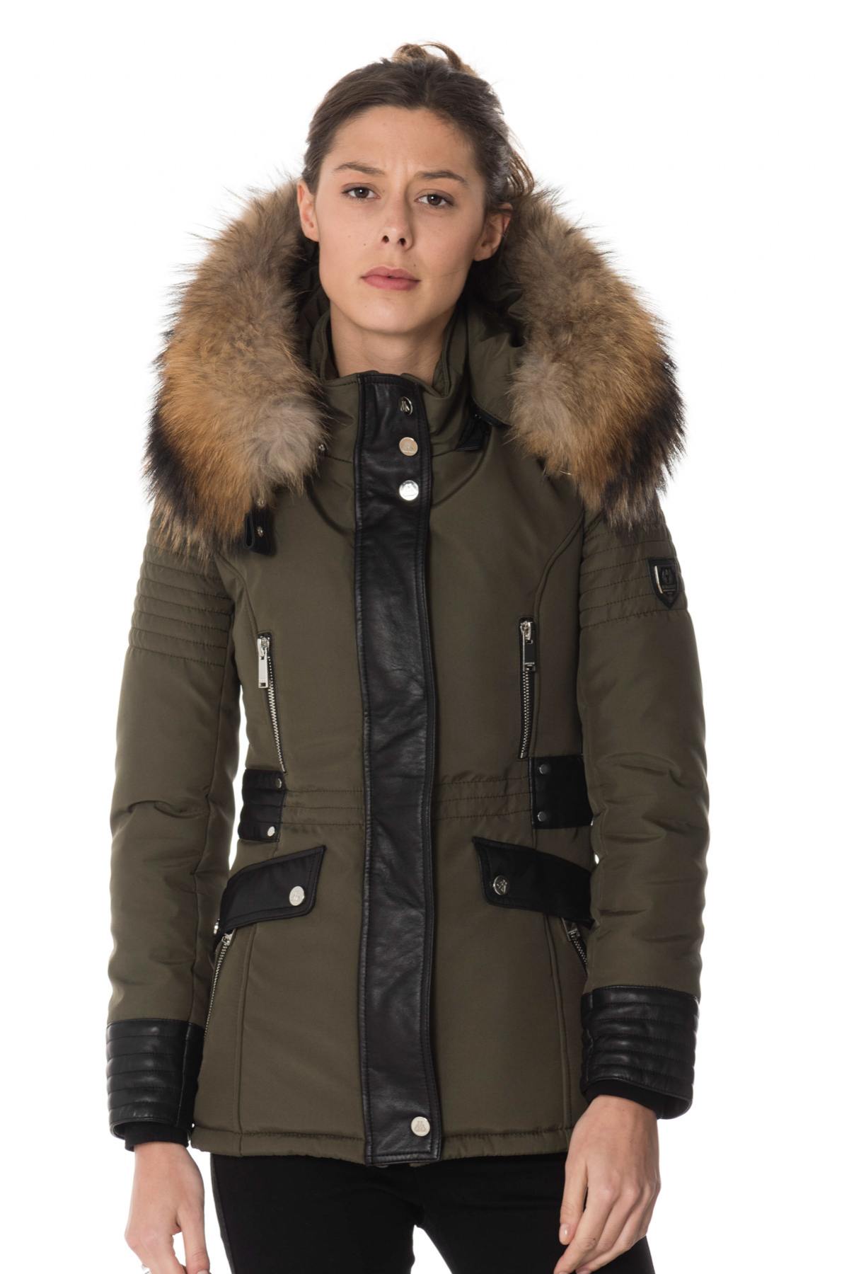 Khaki/black down jacket with natural collar - Image n°1