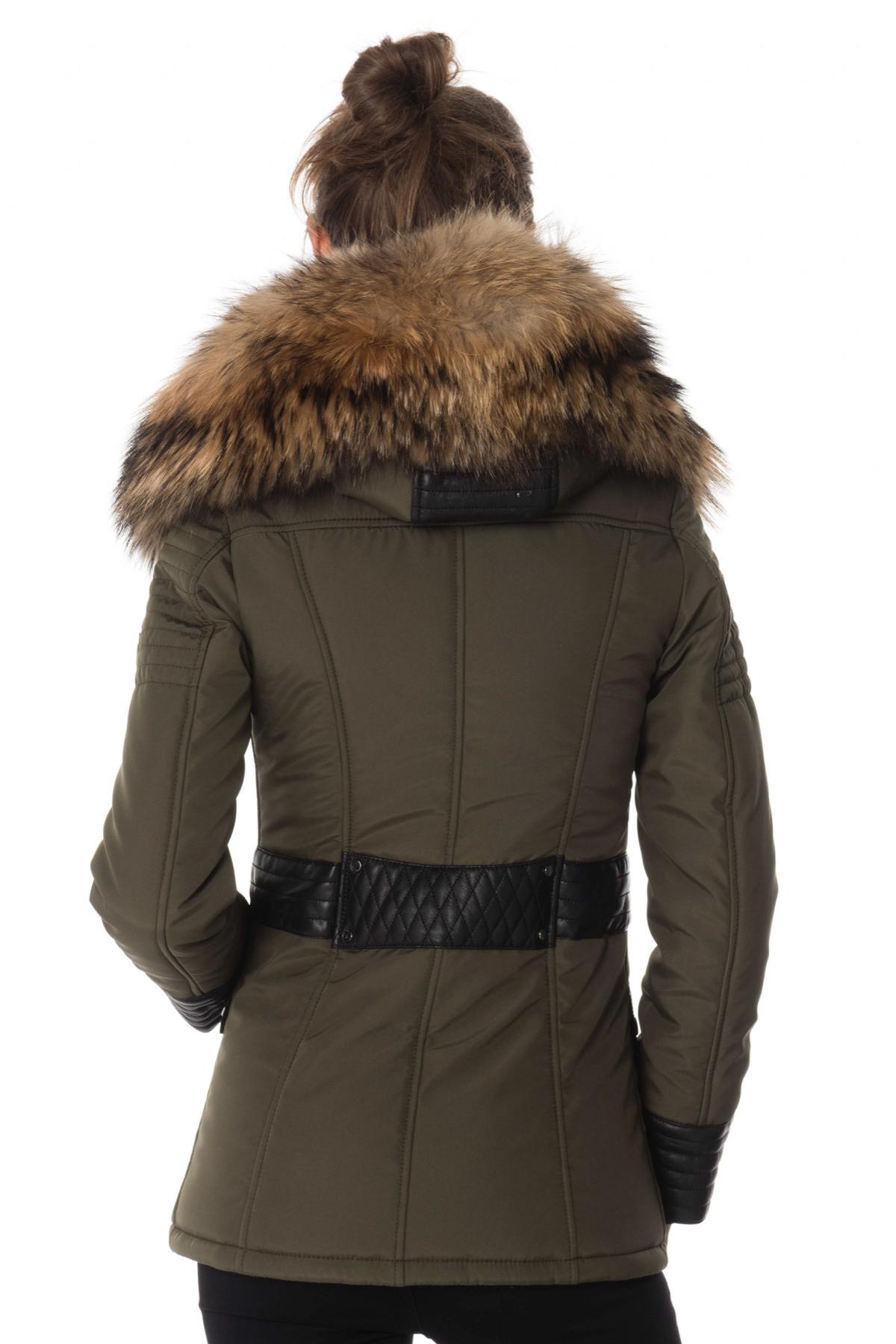 Khaki/black down jacket with natural collar - Image n°6