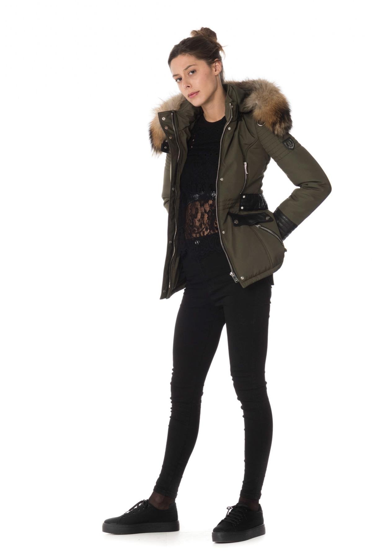 Khaki/black down jacket with natural collar - Image n°2