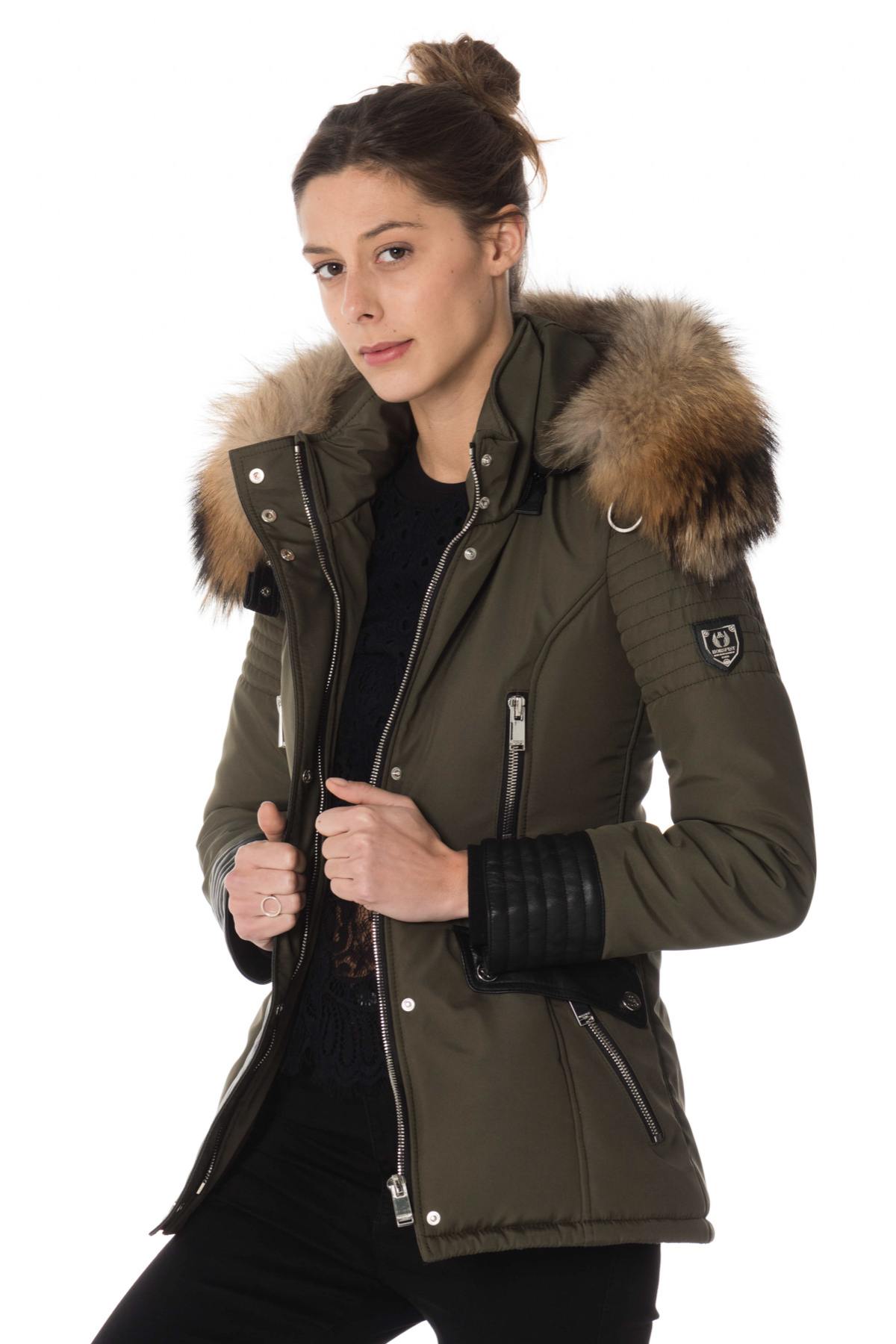 Khaki/black down jacket with natural collar - Image n°5