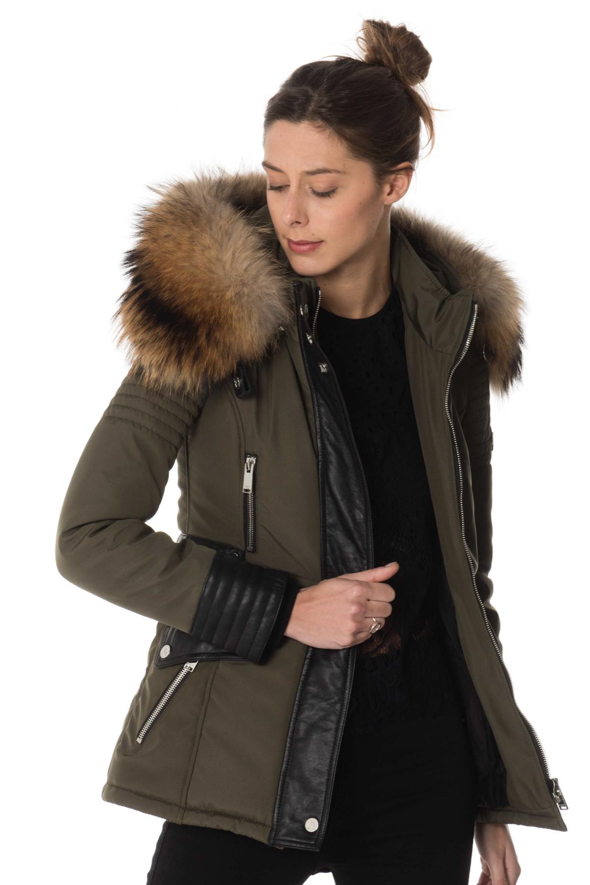 Khaki/black down jacket with natural collar - Image n°3