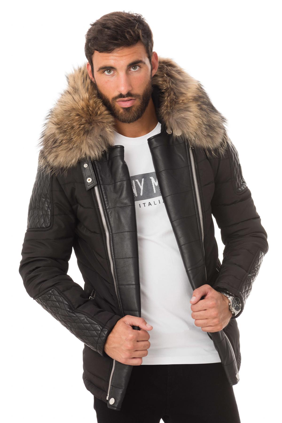 Horspist black down jacket with natural collar - Image n°1